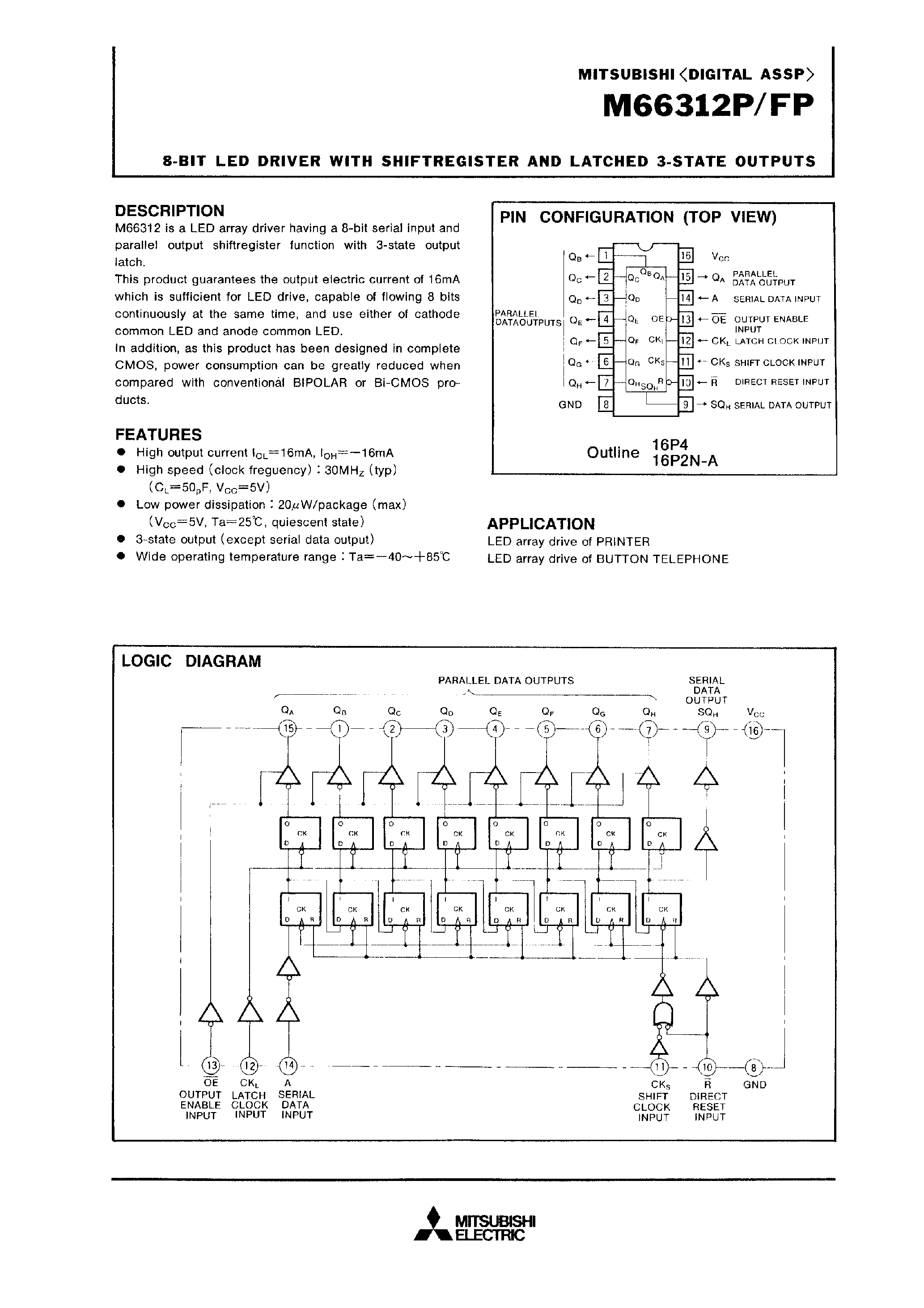 Даташит M66312P - 16-BIT LED DRIVER WITH SHIFT REGISTER AND LATCHED 3-STATE OUTPUTS страница 1