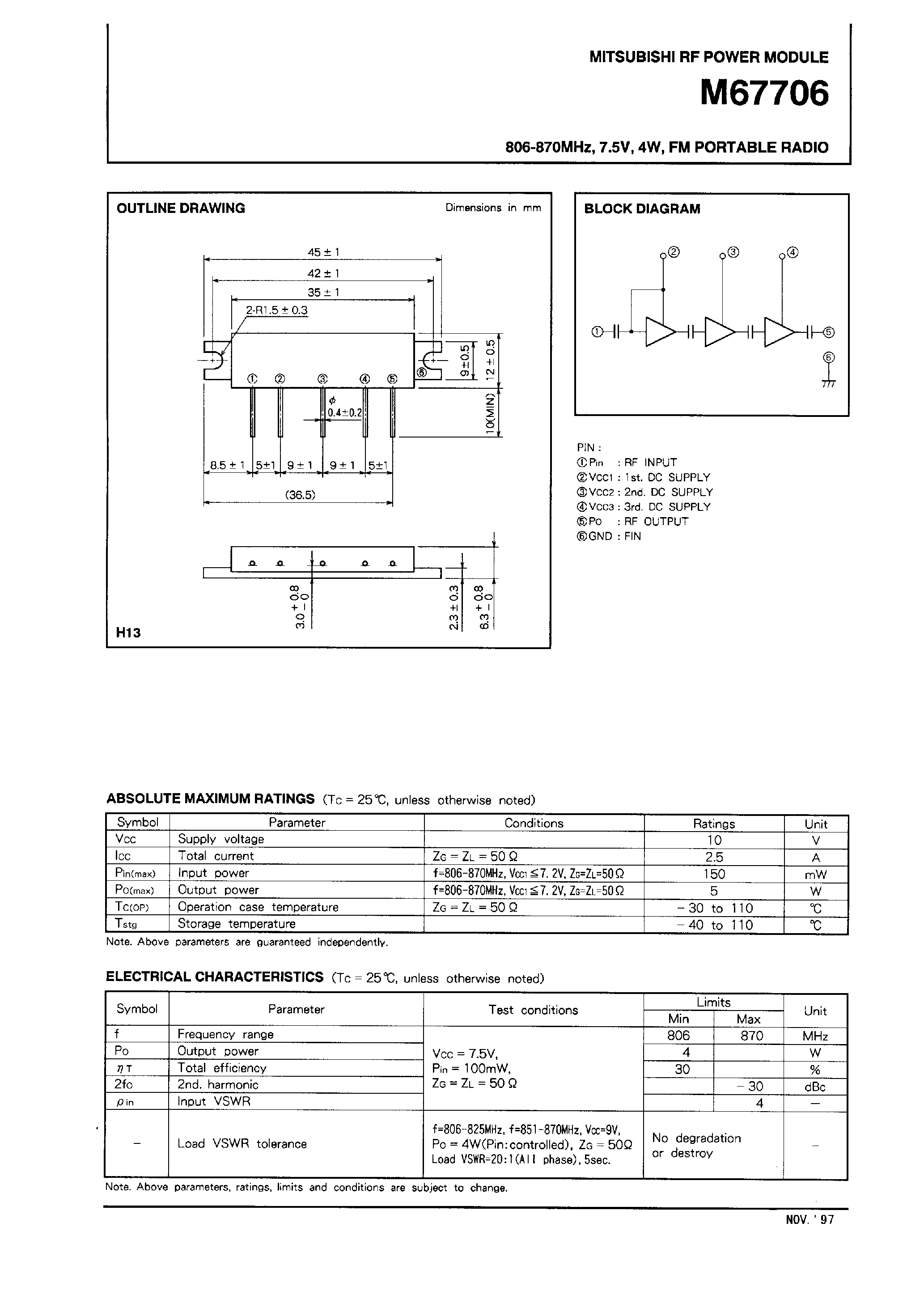 Datasheet M67706 - 806-870MHz /7.5V /4W /FM PORTABLE RADIO page 1