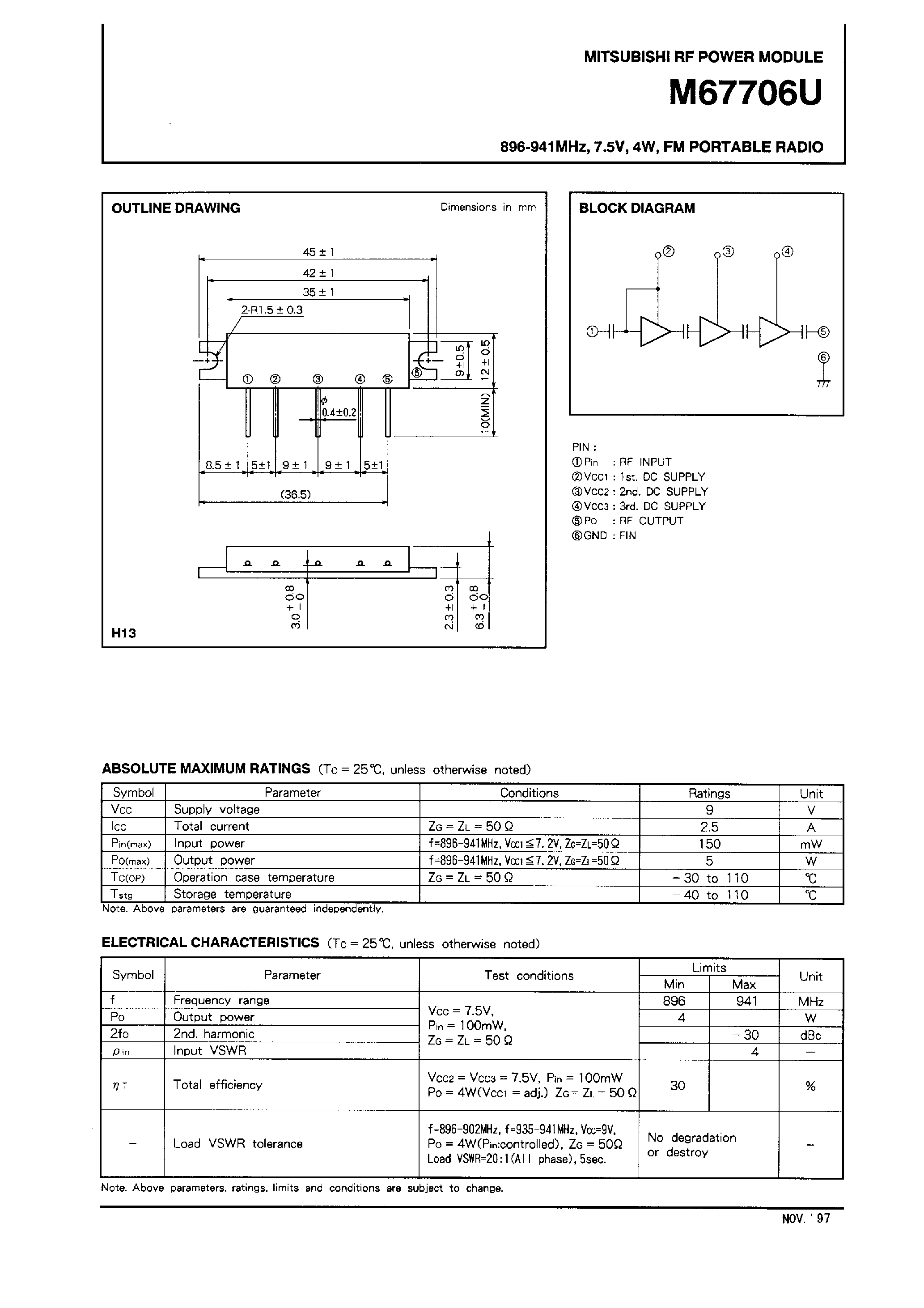 Datasheet M67706U - 896-941MHz /7.5V /4W /FM PORTABLE RADIO page 1