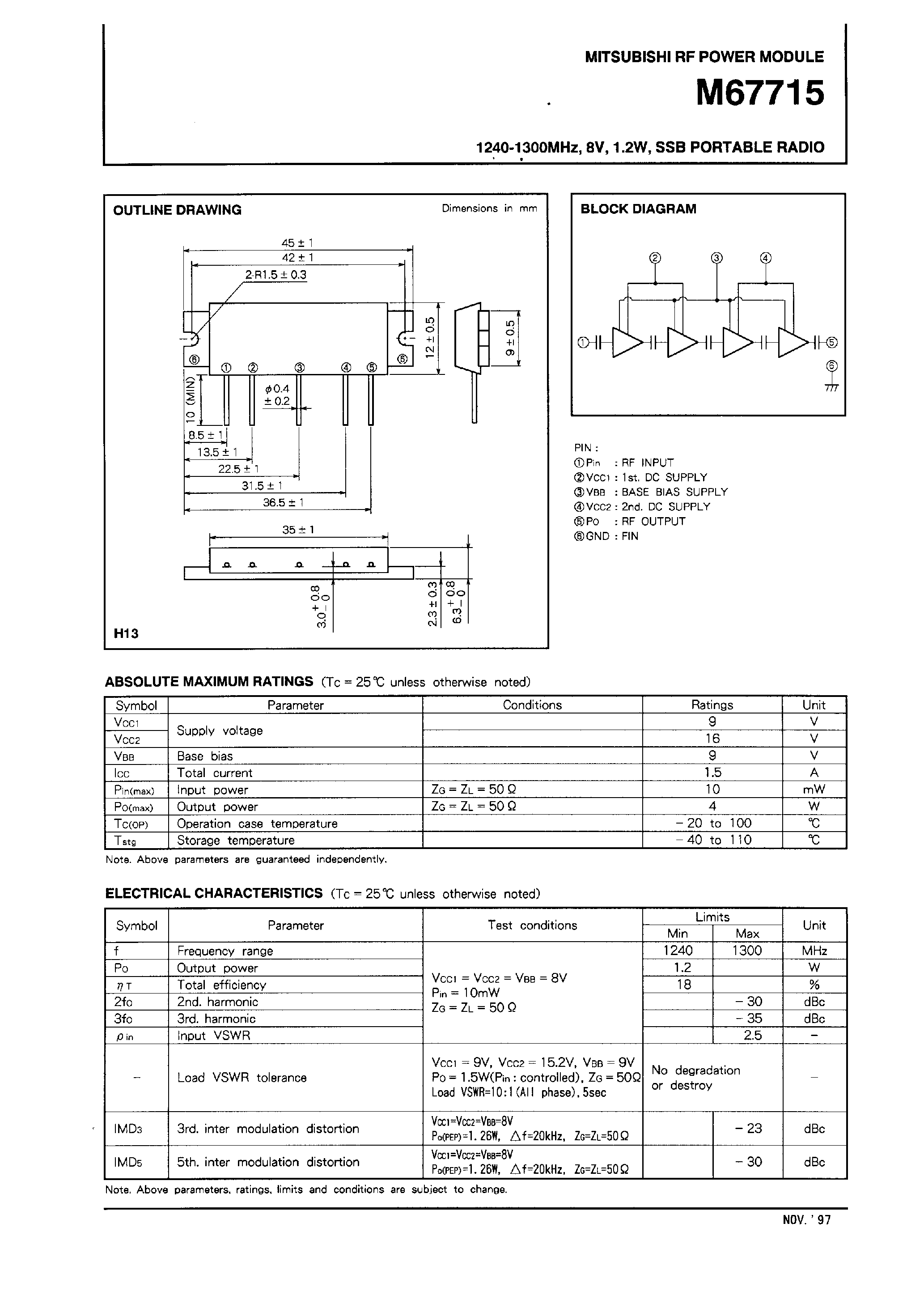 Datasheet M67715 - 1240-1300MHz /8V /1.2W /SSB PORTABLE RADIO page 1