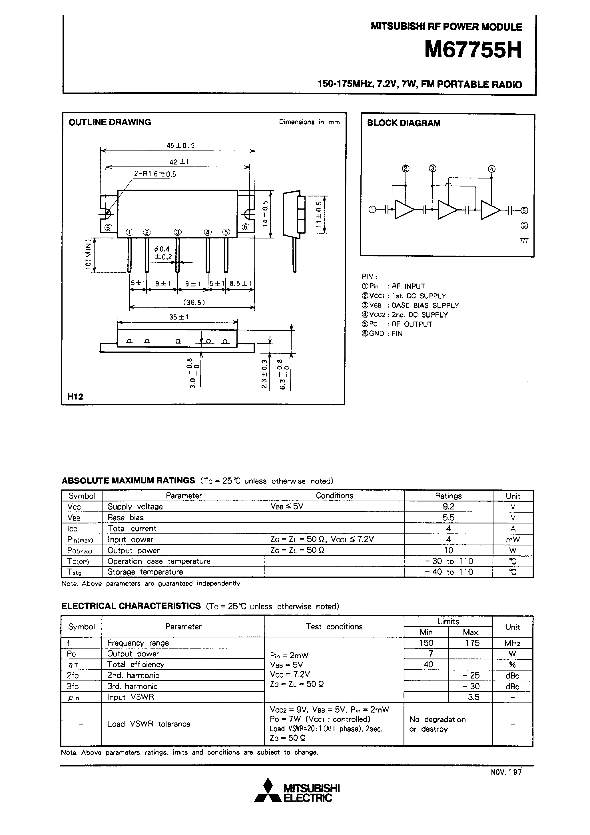 Datasheet M67755H - 150-175MHz / 7.2V / 7W / FM PORTABLE RADIO page 1