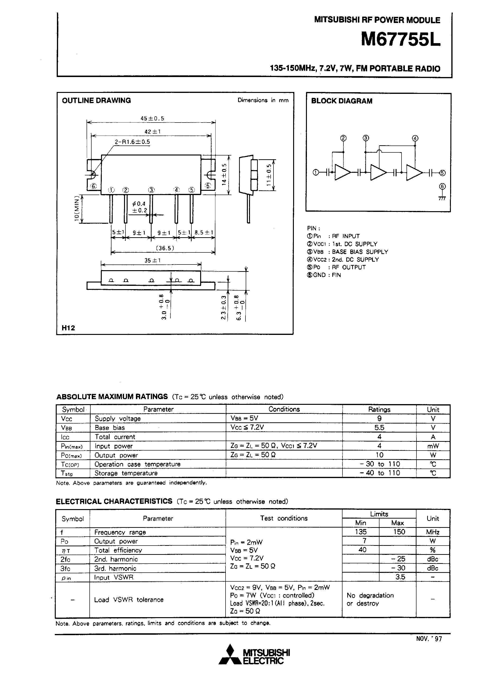 Datasheet M67755L - 135-150MHz / 7.2V / 7W / FM PORTABLE RADIO page 1