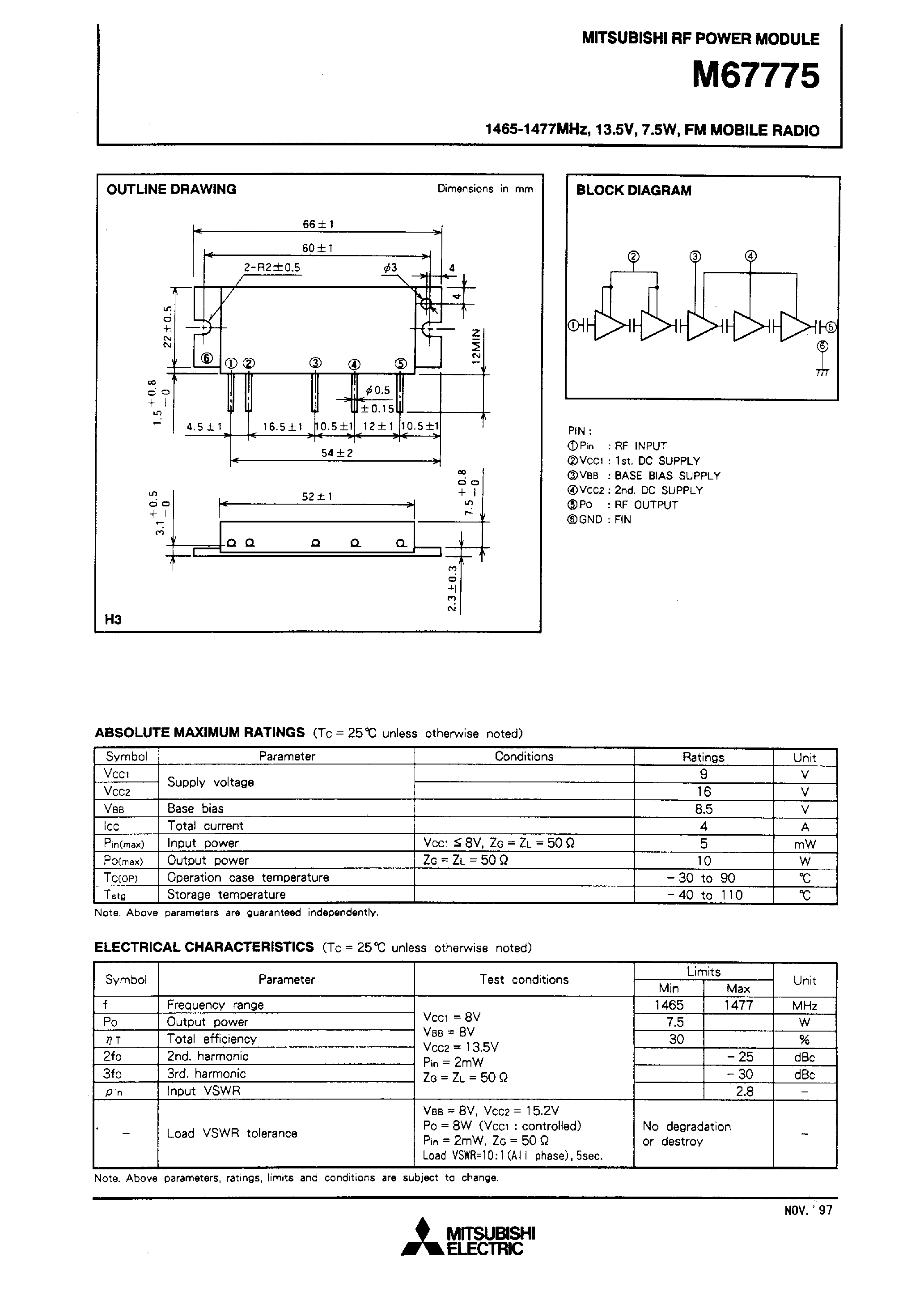 Datasheet M67775 - 1465-1477MHz / 13.5V / 7.5W / FM MOBILE RADIO page 1