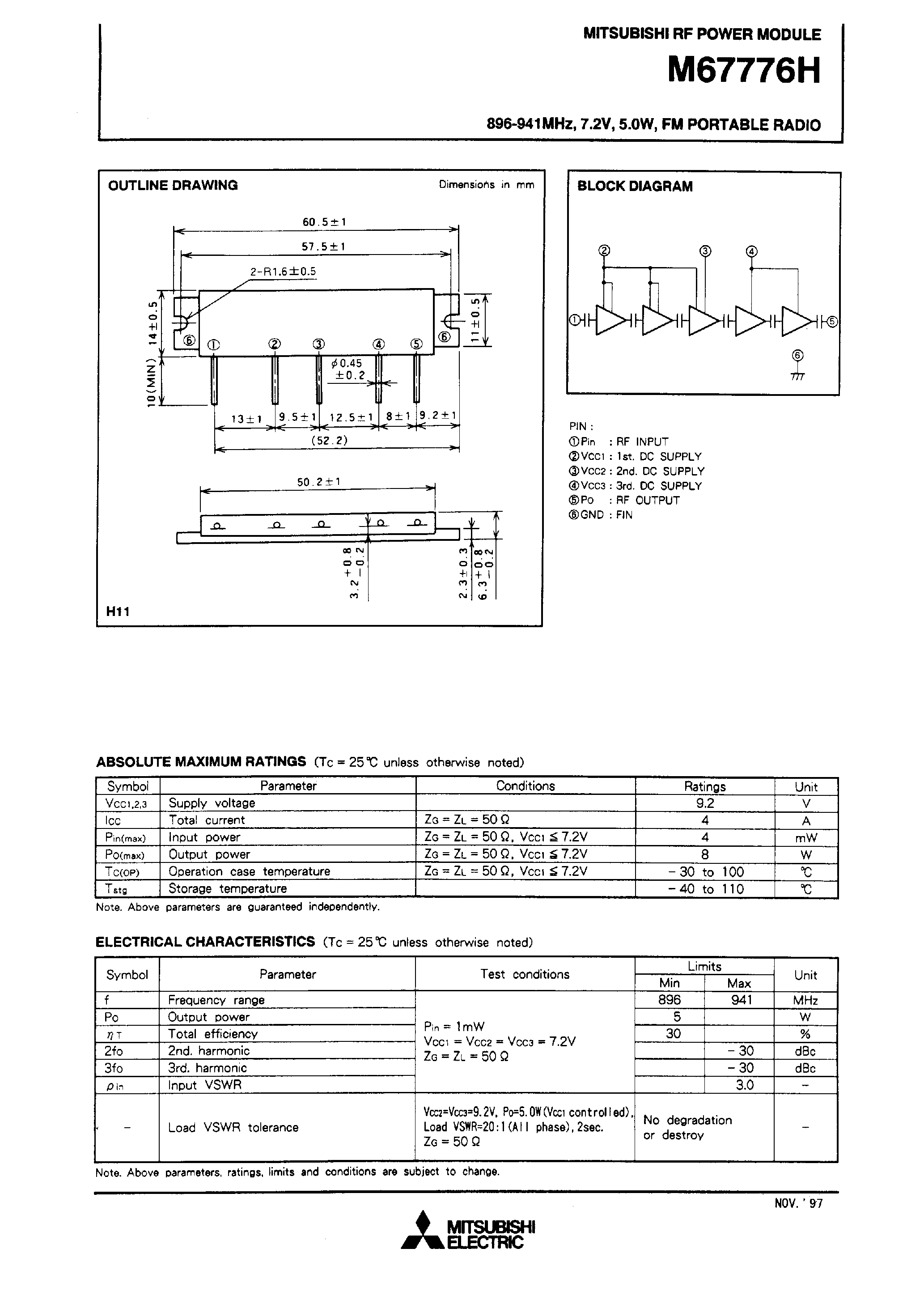Datasheet M67776H - 896-941MHz / 7.2V / 5.0W / FM PORTABLE RADIO page 1