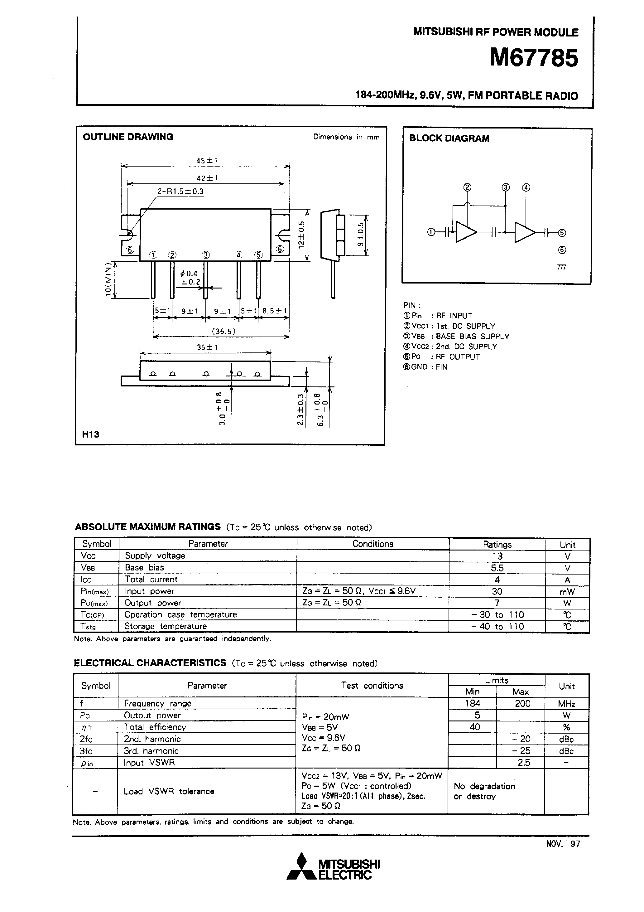 Datasheet M67785 - 184-200MHz / 9.6V / 5W / FM PORTABLE RADIO page 1