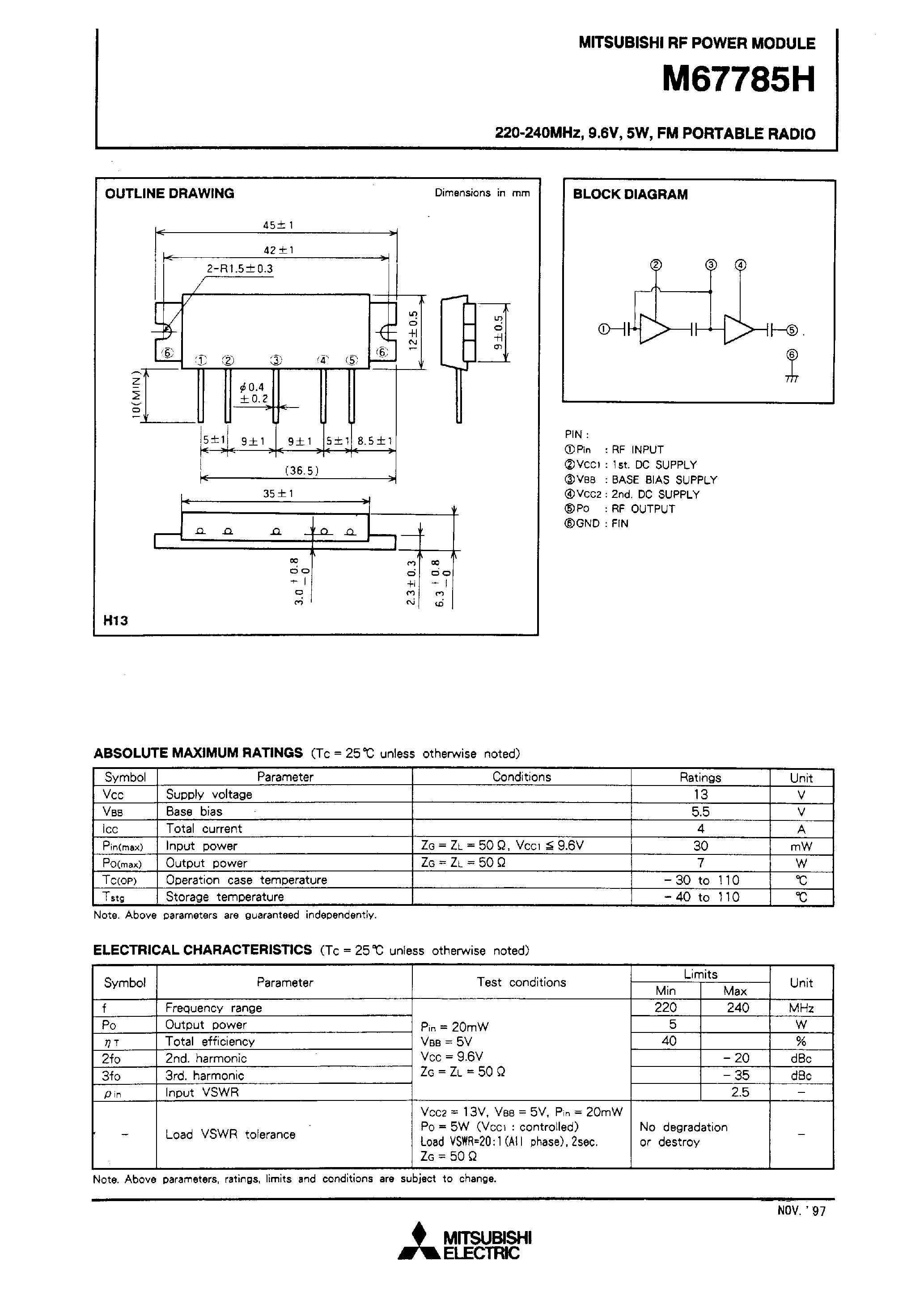 Datasheet M67785H - 220-240MHz / 9.6V / 5W / FM PORTABLE RADIO page 1