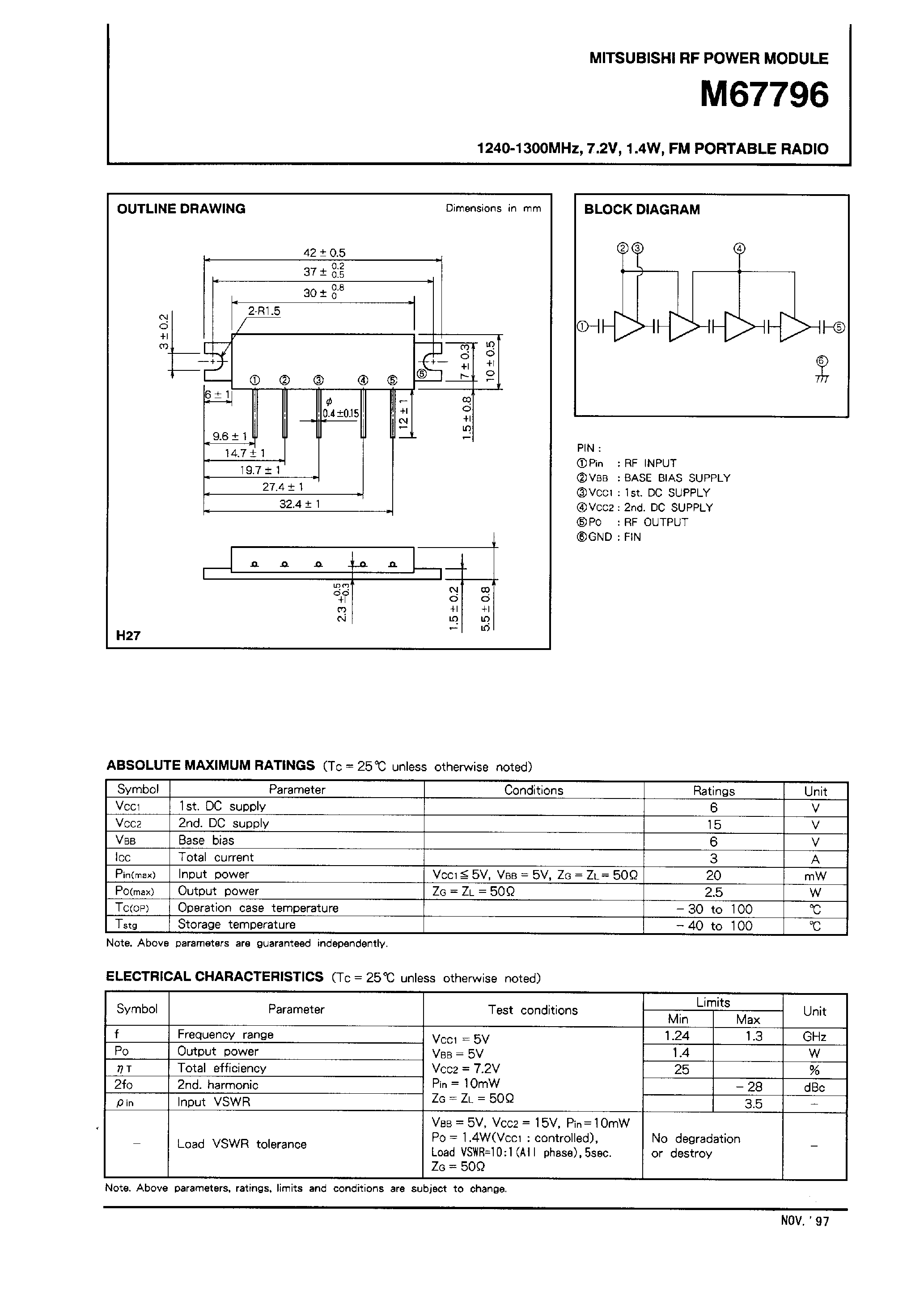 Datasheet M67796 - 1240-1300MHz / 7.2V / 1.4W / FM PORTABLE RADIO page 1