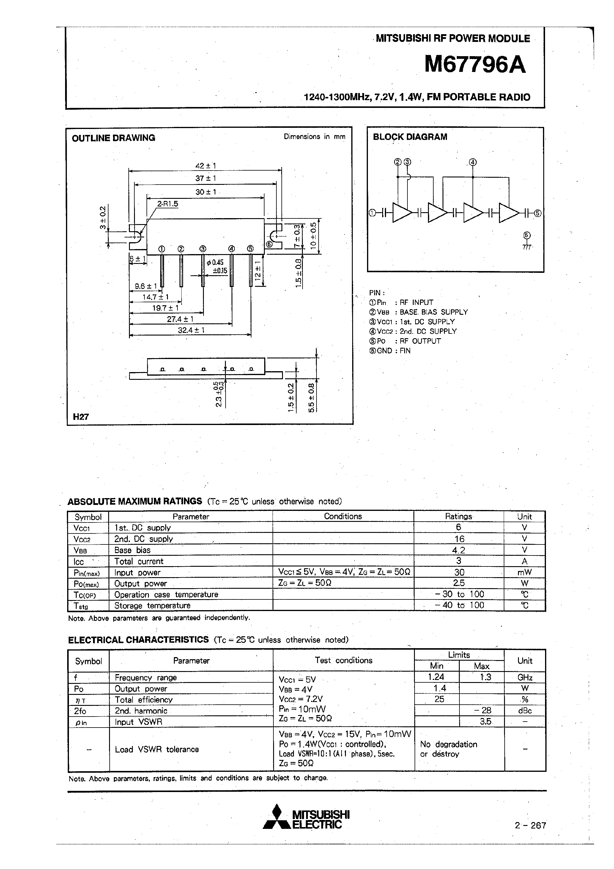 Datasheet M67796A - 1240-1300MHz / 7.2V / 1.4W / FM PORTABLE RADIO page 1