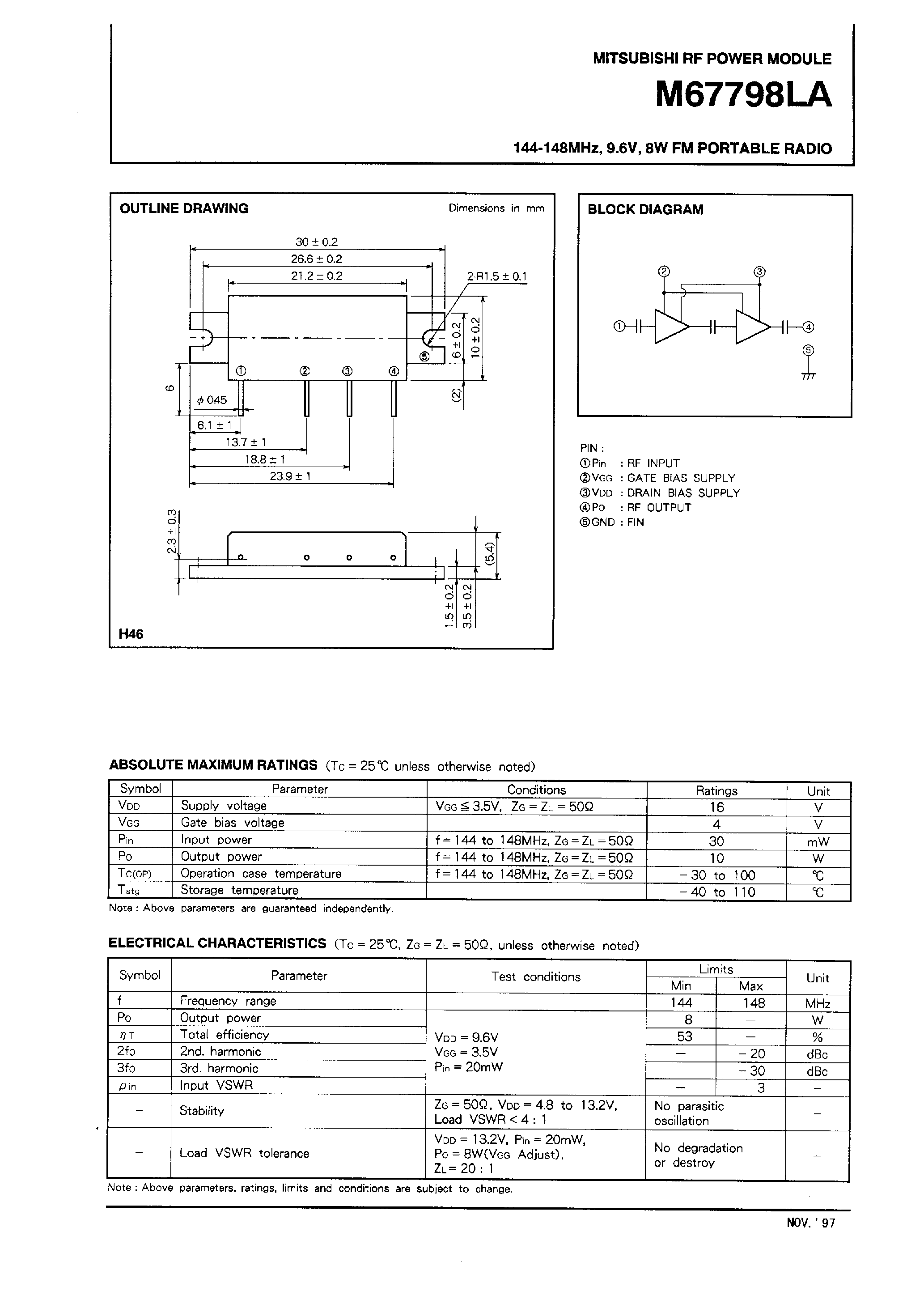 Datasheet M67798LA - 144-148MHz / 9.6V / 8W / FM PORTABLE RADIO page 1