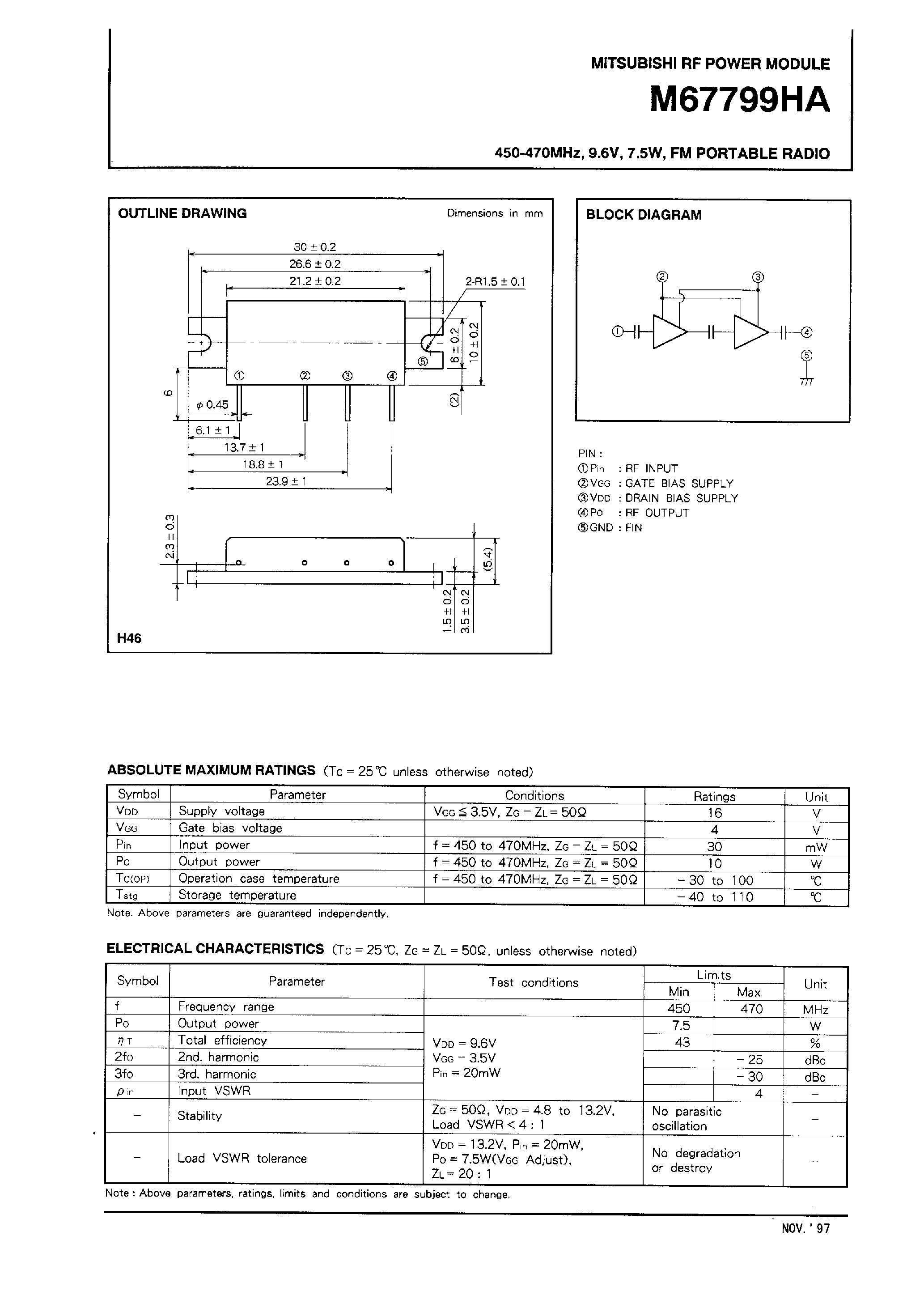 Datasheet M67799 - 450-470MHz / 9.6V / 7.5W / FM PORTABLE RADIO page 1