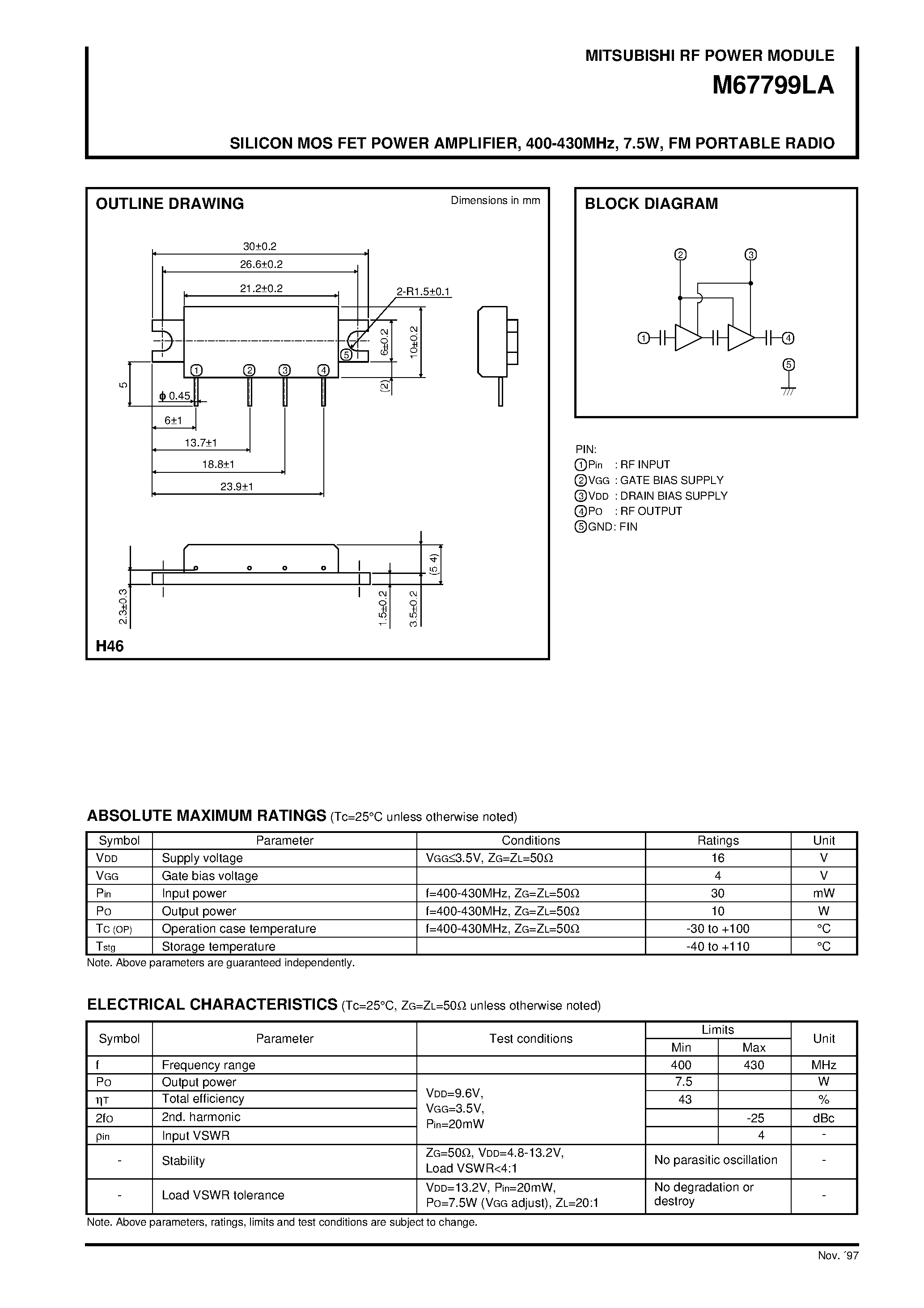 Datasheet M67799LA - SILICON MOS FET POWER AMPLIFIER / 400-430MHz / 7.5W / FM PORTABLE RADIO page 1