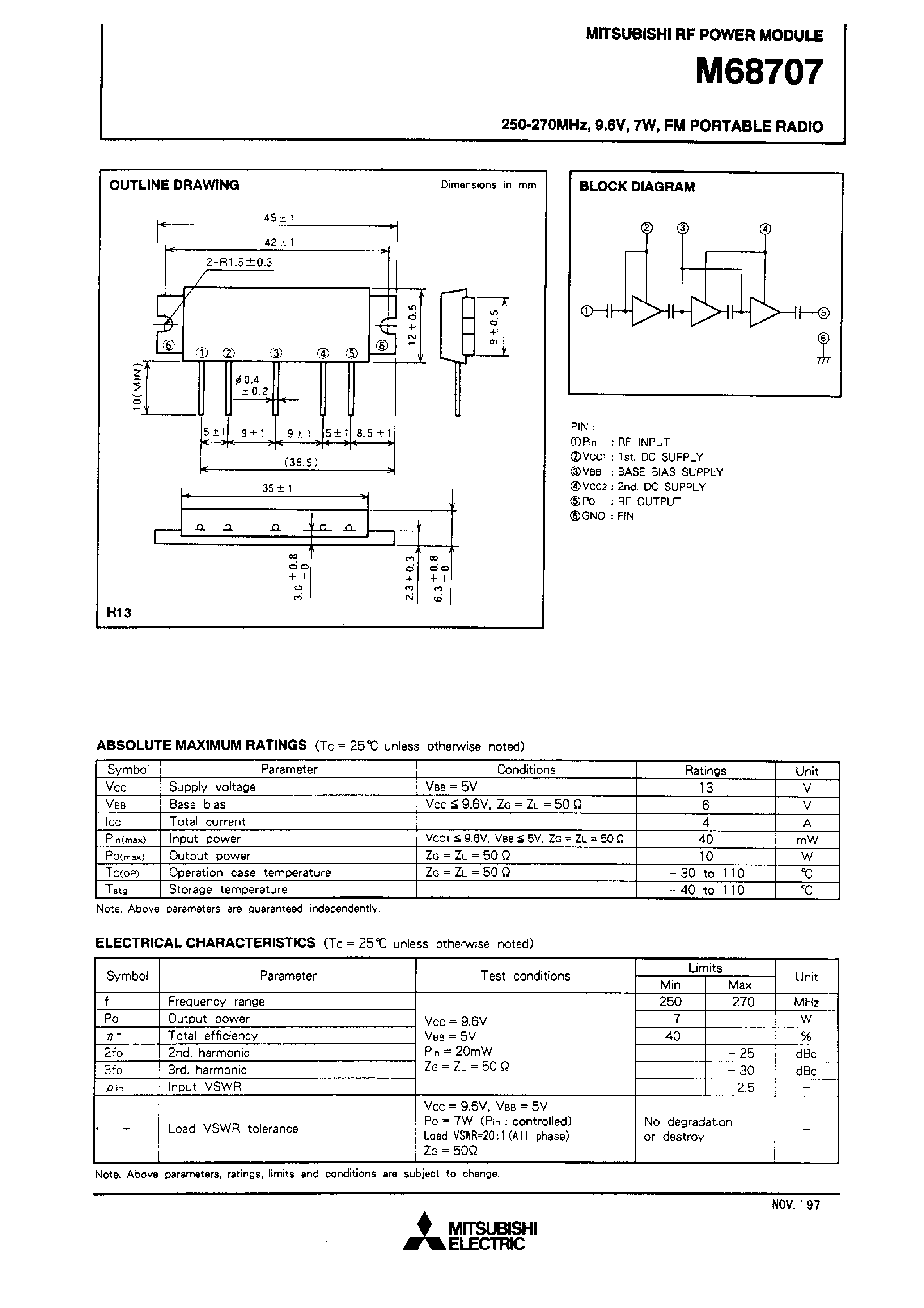 Datasheet M68707 - 250-270MHz / 9.6V / 7W / FM PORTABLE RADIO page 1