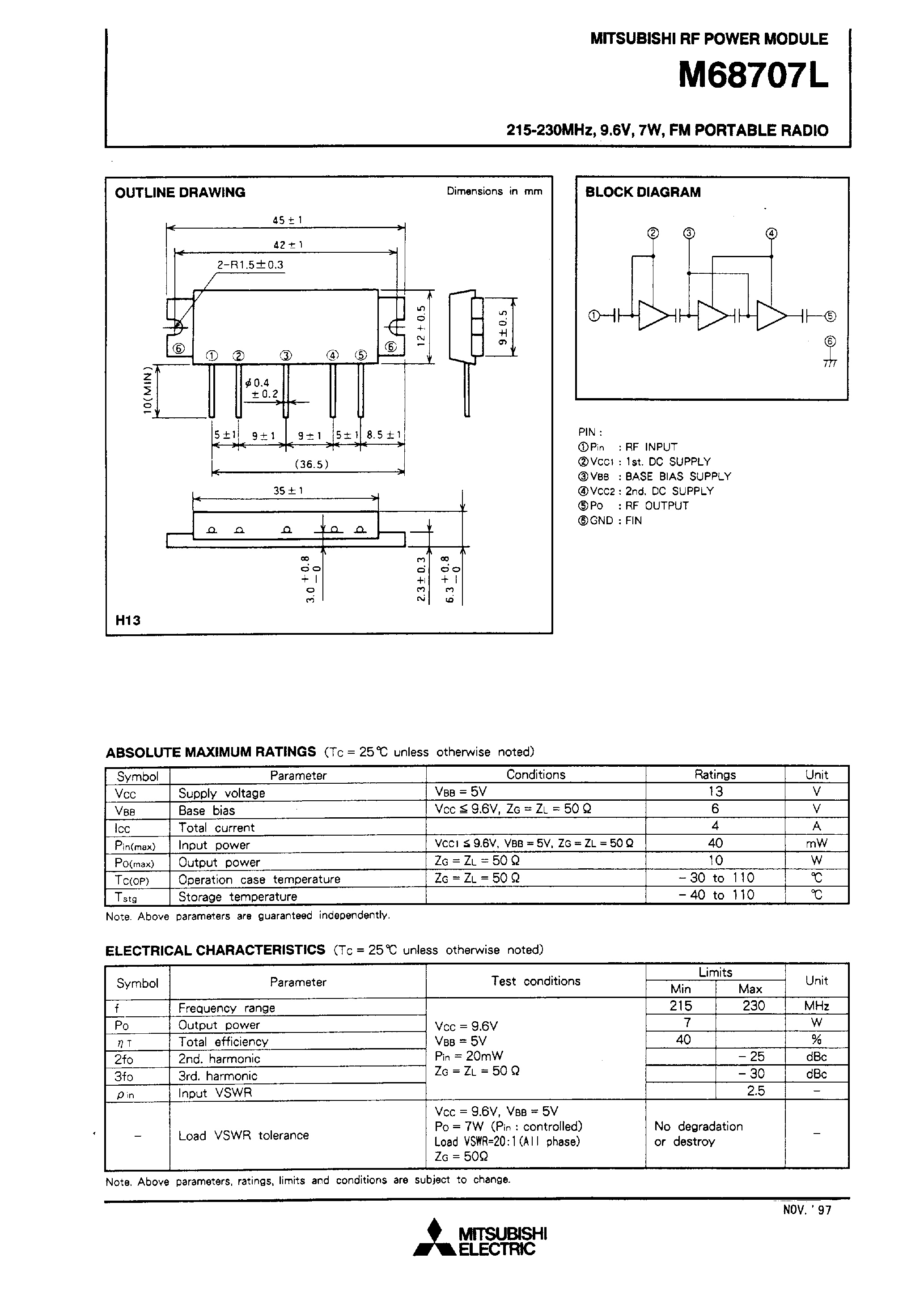 Datasheet M68707L - 215-230MHz / 9.6V / 7W / FM PORTABLE RADIO page 1