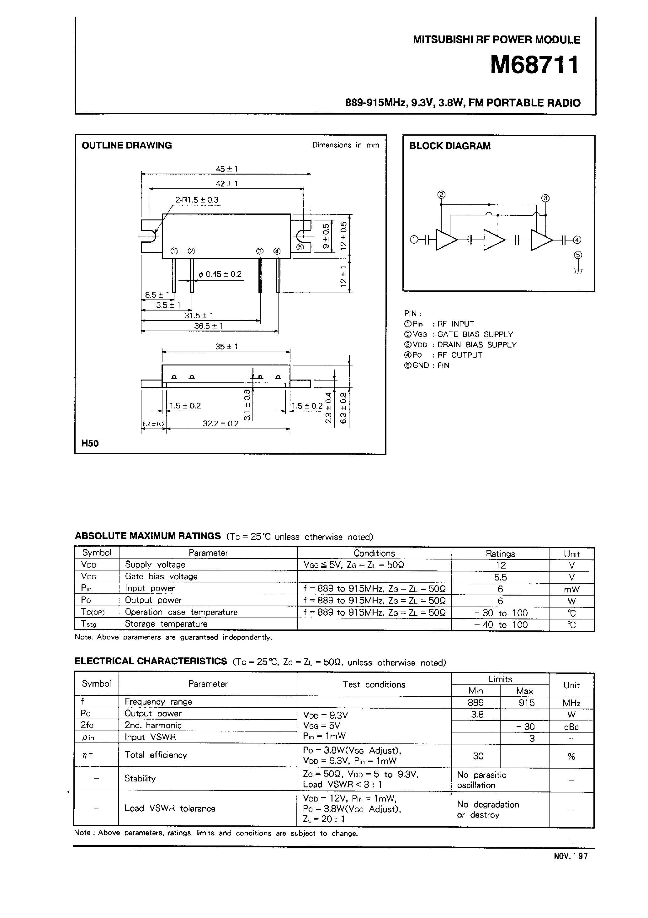 Datasheet M68711 - 889-915MHz / 9.3V / 3.8W / FM PORTABLE RADIO page 1