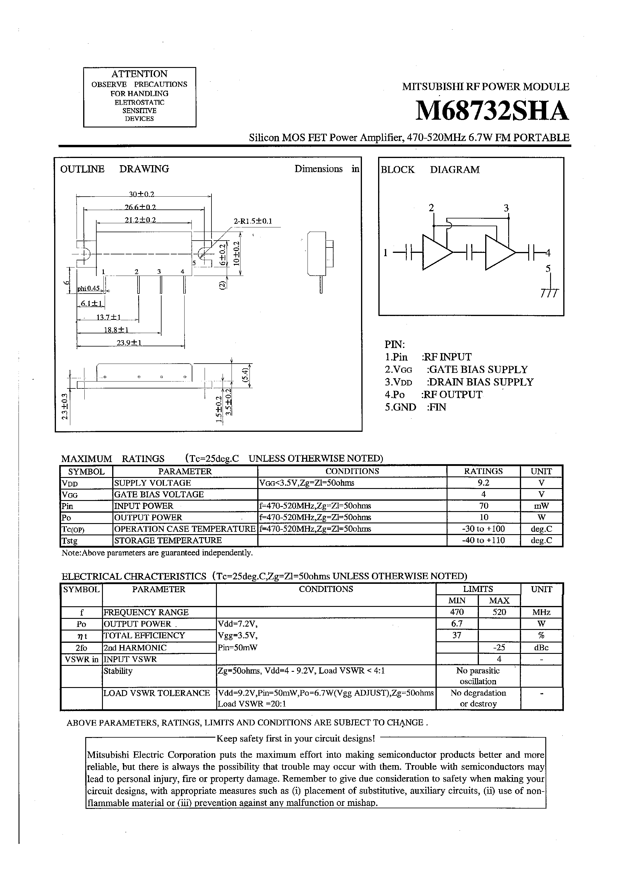 Datasheet M68732SHA - SILICON MOS FET POWER AMPLIFIER / 470-520MHz / 6.7W / FM PORTABLE page 1