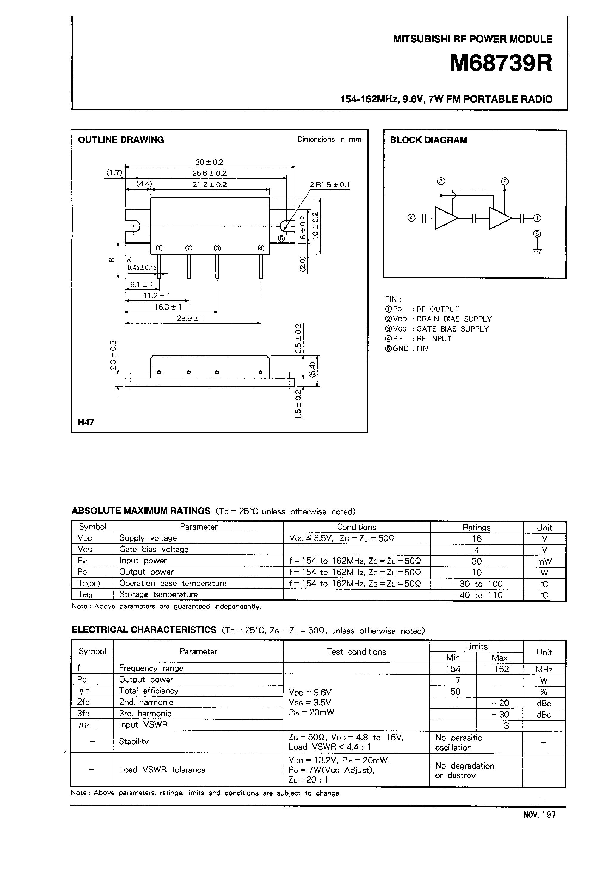 Datasheet M68739R - 154-162MHz /9.6V / 7W / FM PORTABLE RADIO page 1