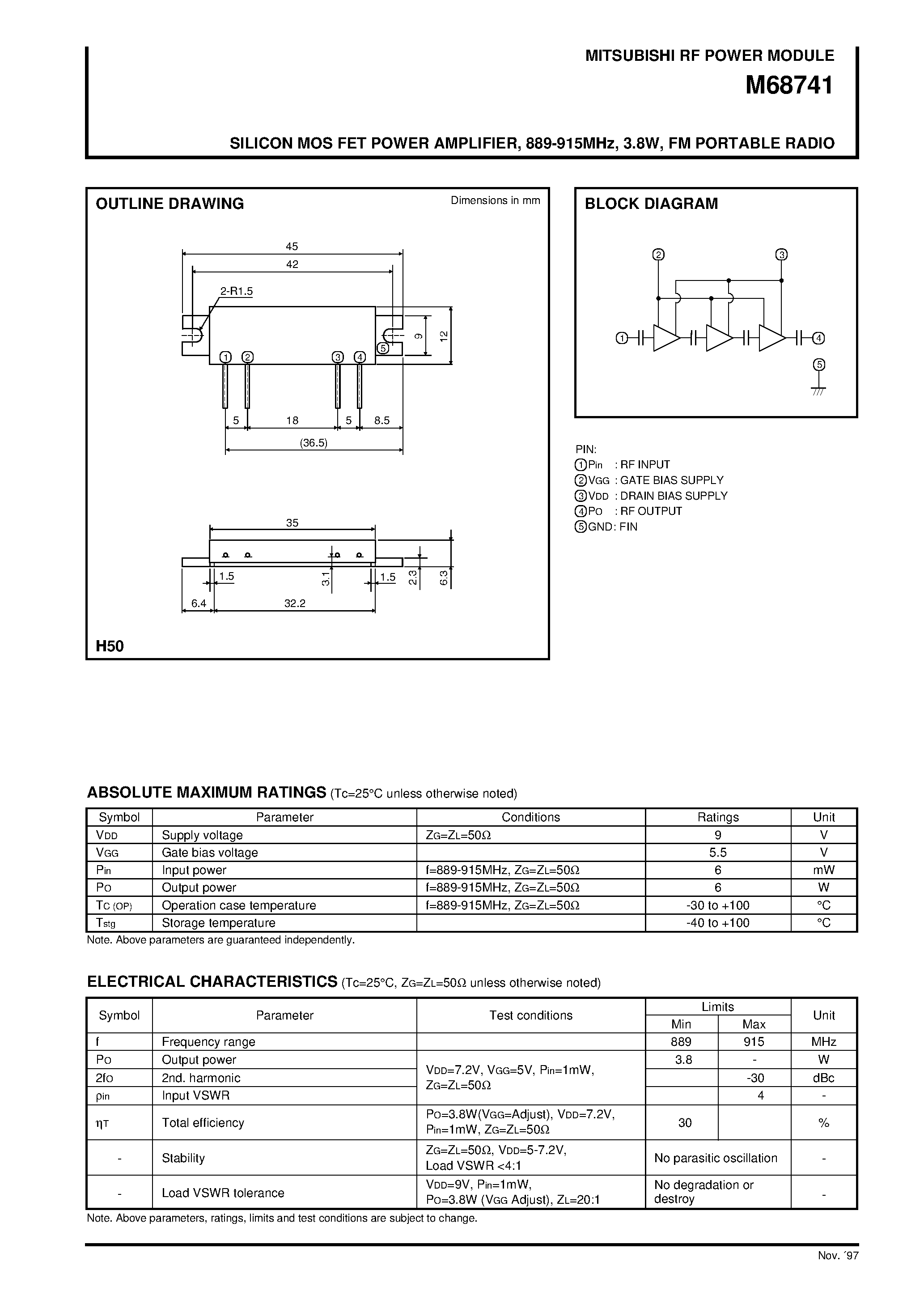 Datasheet M68741 - SILICON MOS FET POWER AMPLIFIER / 889-915MHz / 3.8W / FM PORTABLE RADIO page 1