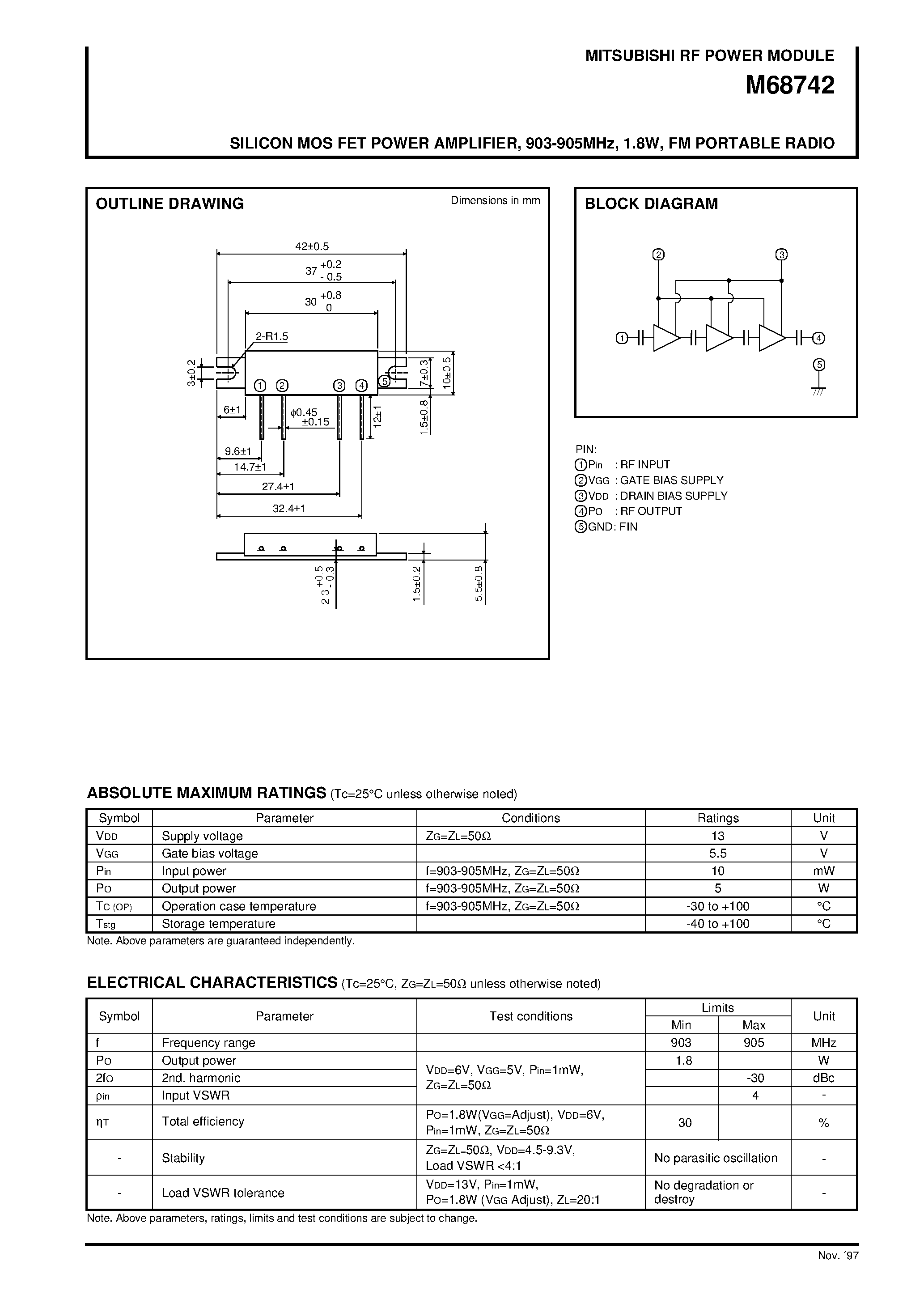Datasheet M68742 - SILICON MOS FET POWER AMPLIFIER / 903-905MHz / 1.8W / FM PORTABLE RADIO page 1
