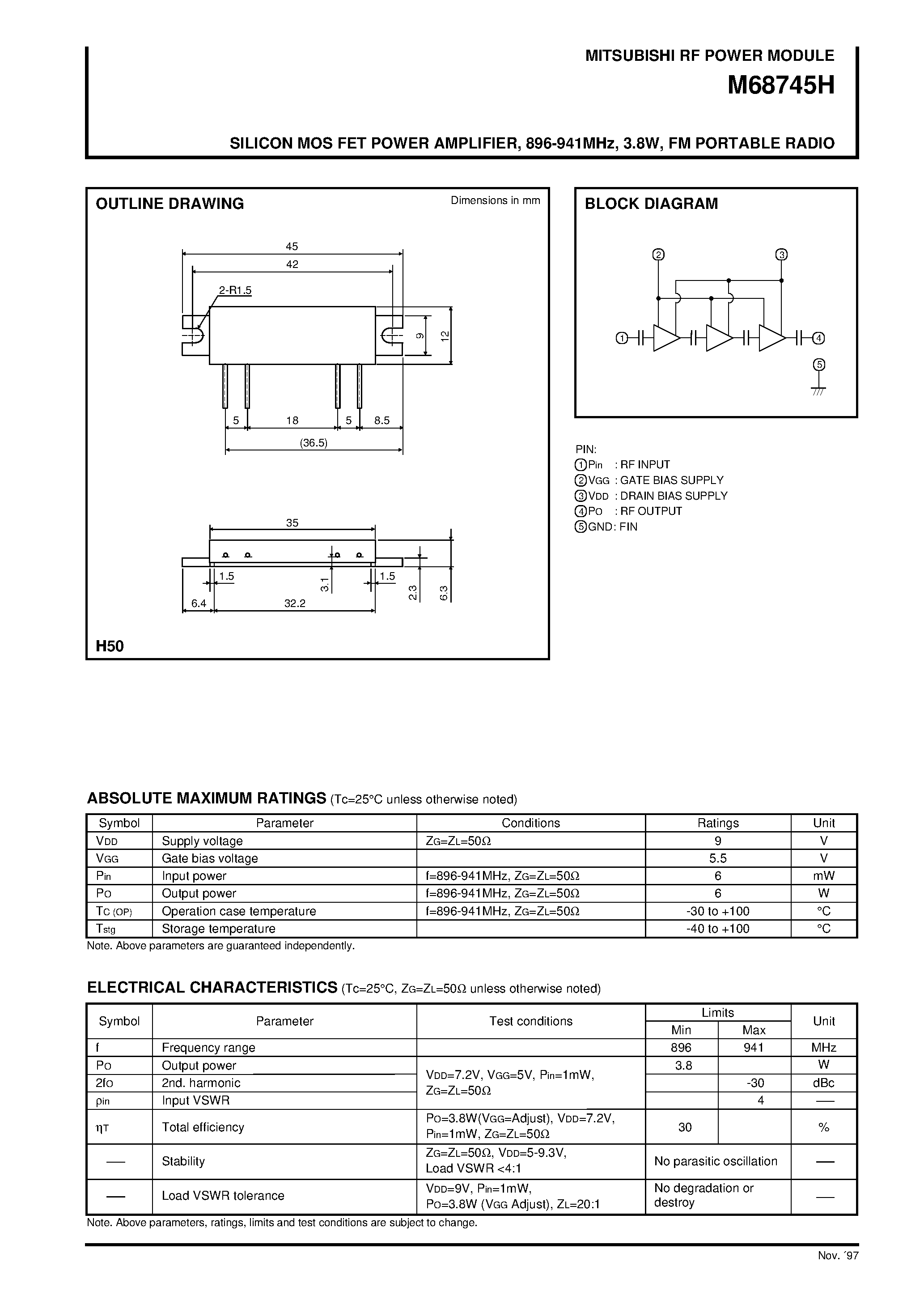 Datasheet M68745H - SILICON MOS FET POWER AMPLIFIER / 896-941MHz / 3.8W / FM PORTABLE RADIO page 1