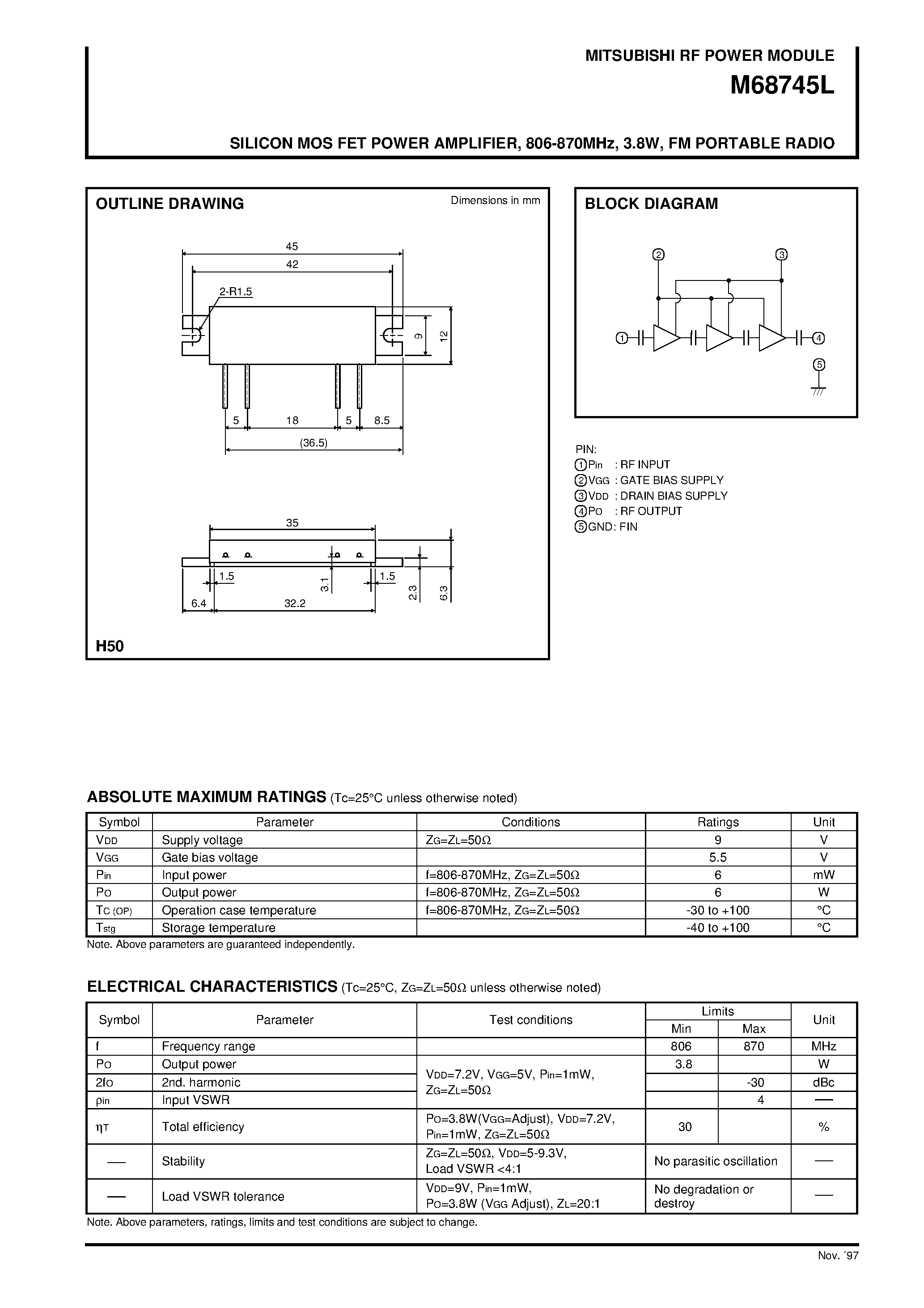 Datasheet M68745L - SILICON MOS FET POWER AMPLIFIER / 806-870MHz / 3.8W / FM PORTABLE RADIO page 1