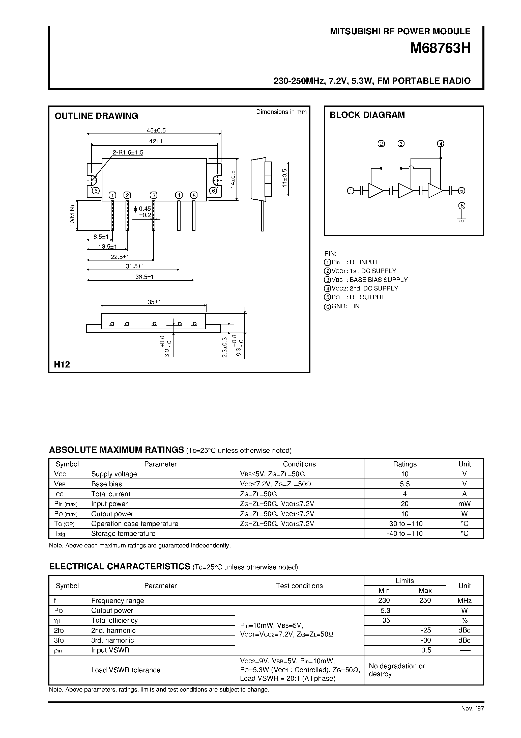 Даташит M68763H - 230-250MHz / 7.2V / 5.3W / FM PORTABLE RADIO страница 1