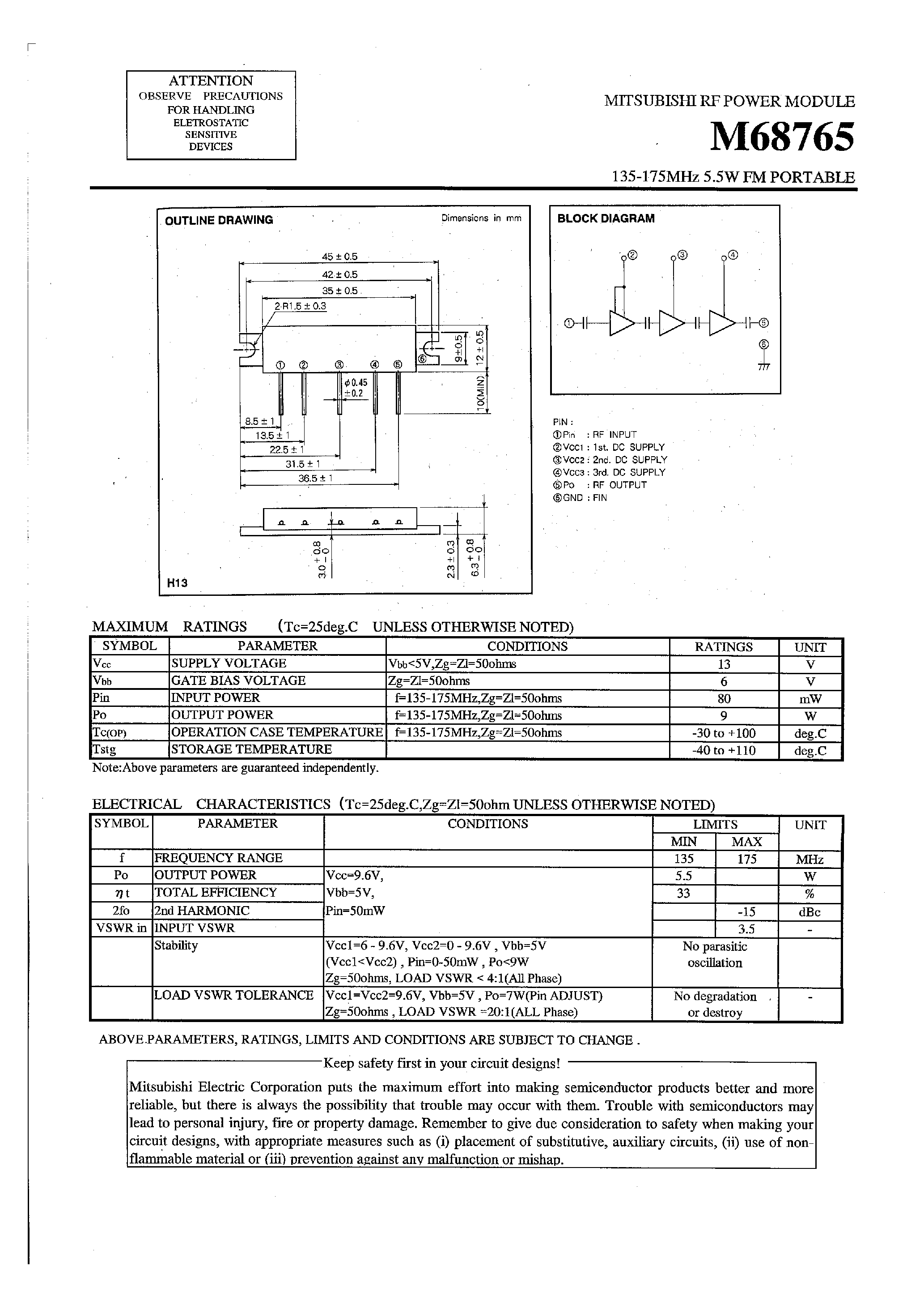 Datasheet M68765 - 135-175MHz / 5.5W / FM PORTABLE page 1