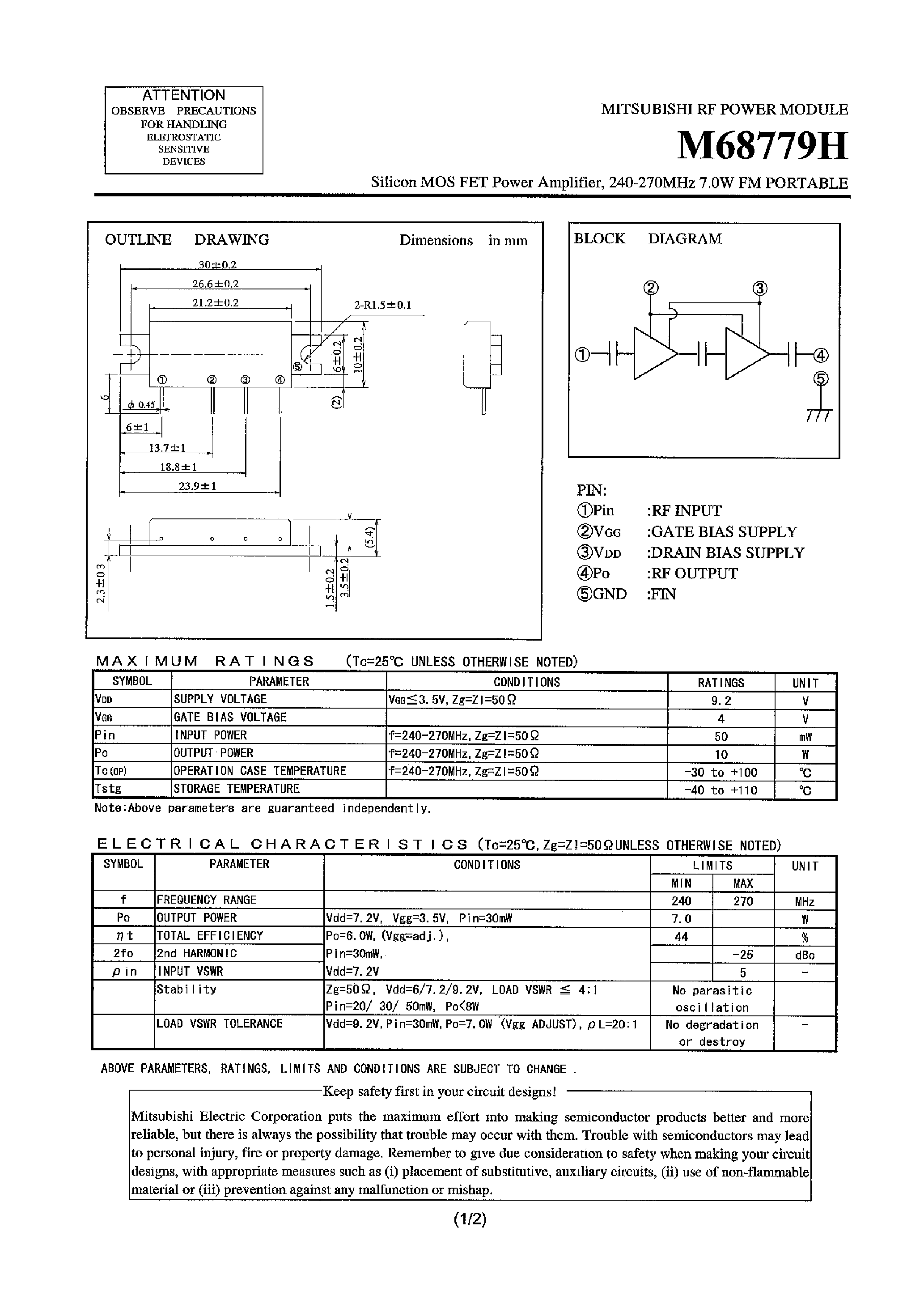 Даташит на микросхему M68779H страница 1 Даташит M68779H - Silicon MOS FET Power Amplifier / 240-270MHz 7.0W FM PORTABLE страница 1