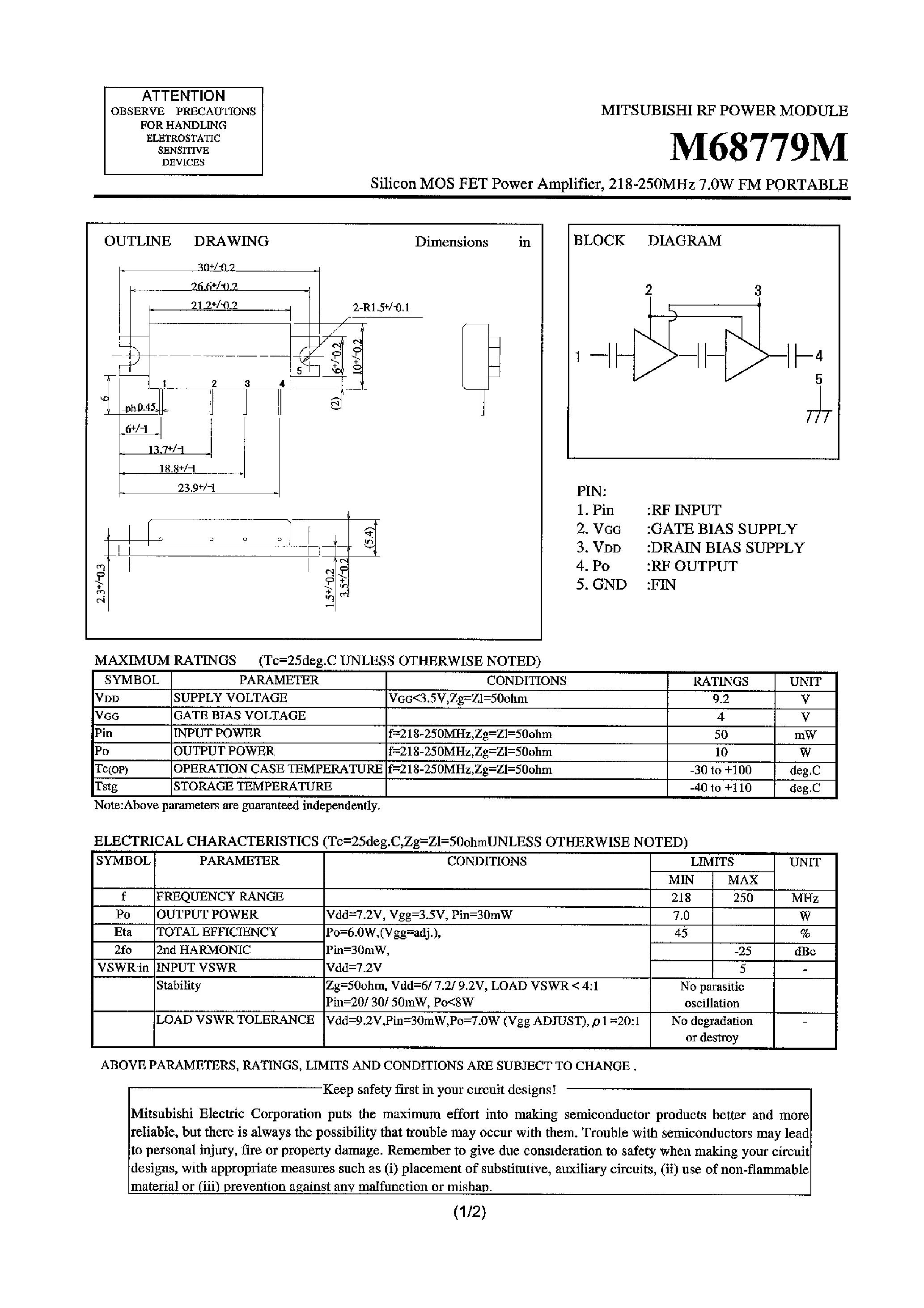 Даташит на микросхему M68779M страница 1 Даташит M68779M - Silicon MOS FET Power Amplifier / 218-250MHz 7.0W FM PORTABLE страница 1