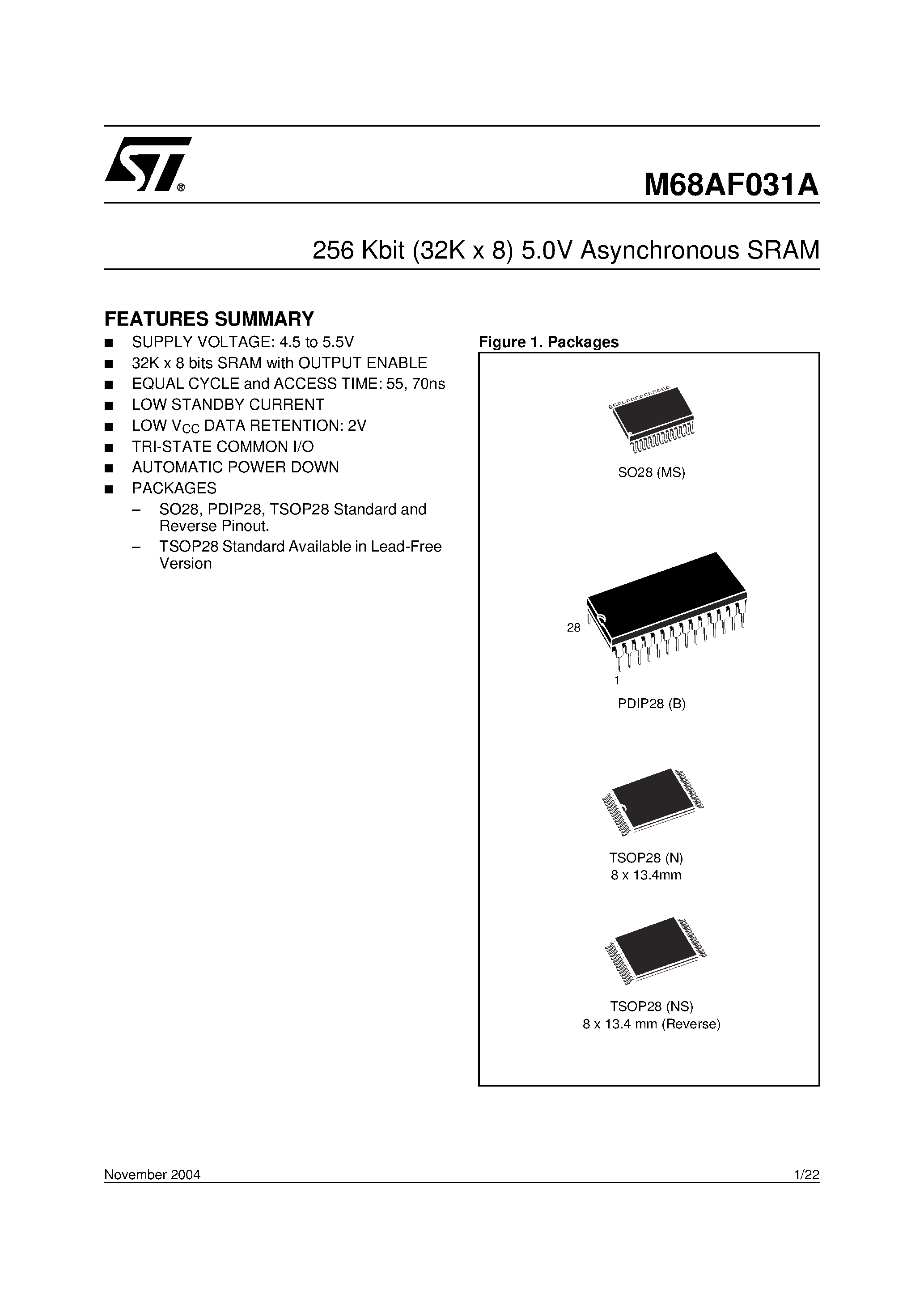 Datasheet M68AF031A - 256 Kbit (32K x 8) 5.0V Asynchronous SRAM page 1