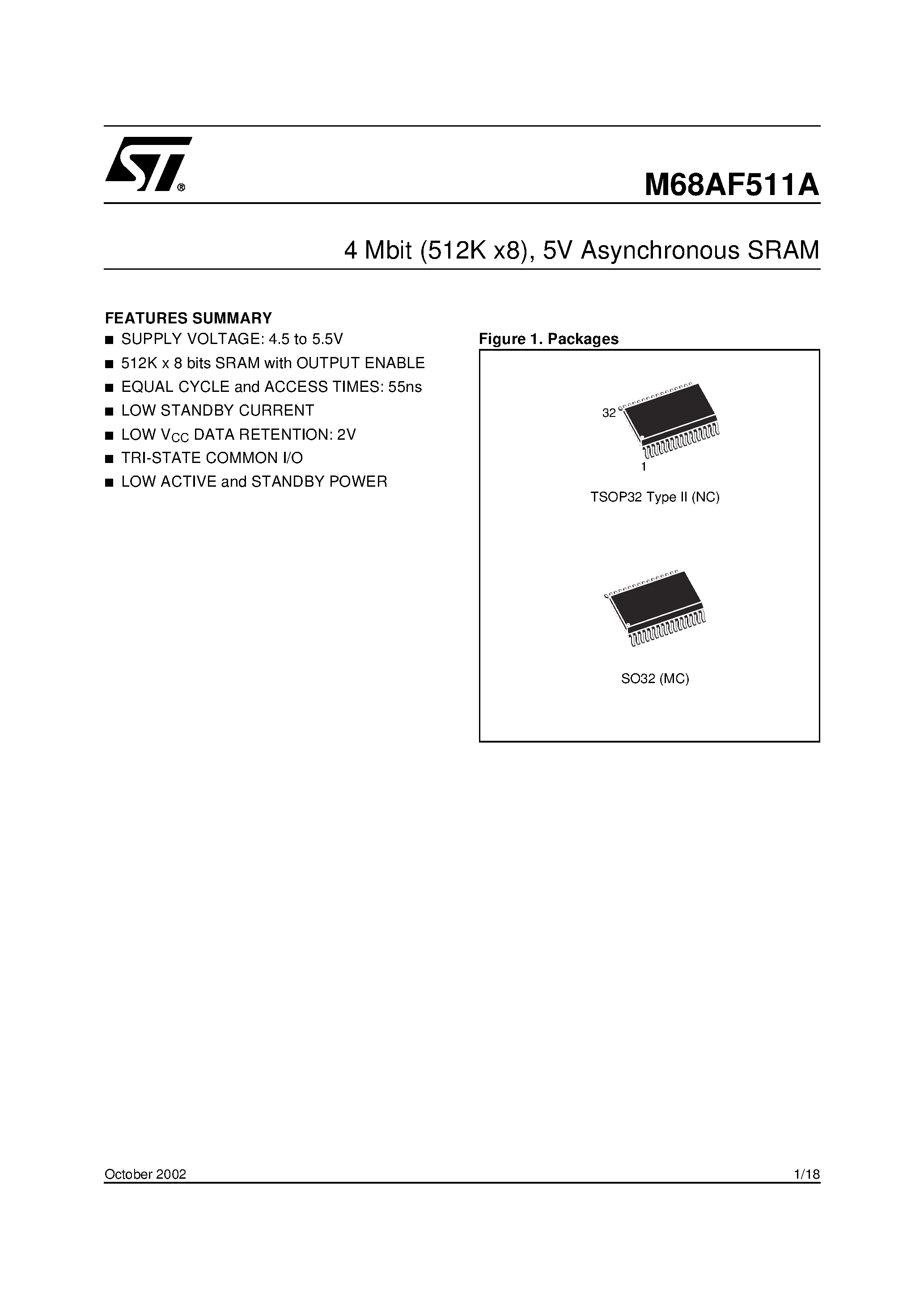 Datasheet M68AF511A - 4 Mbit (512K x8) / 5V Asynchronous SRAM page 1