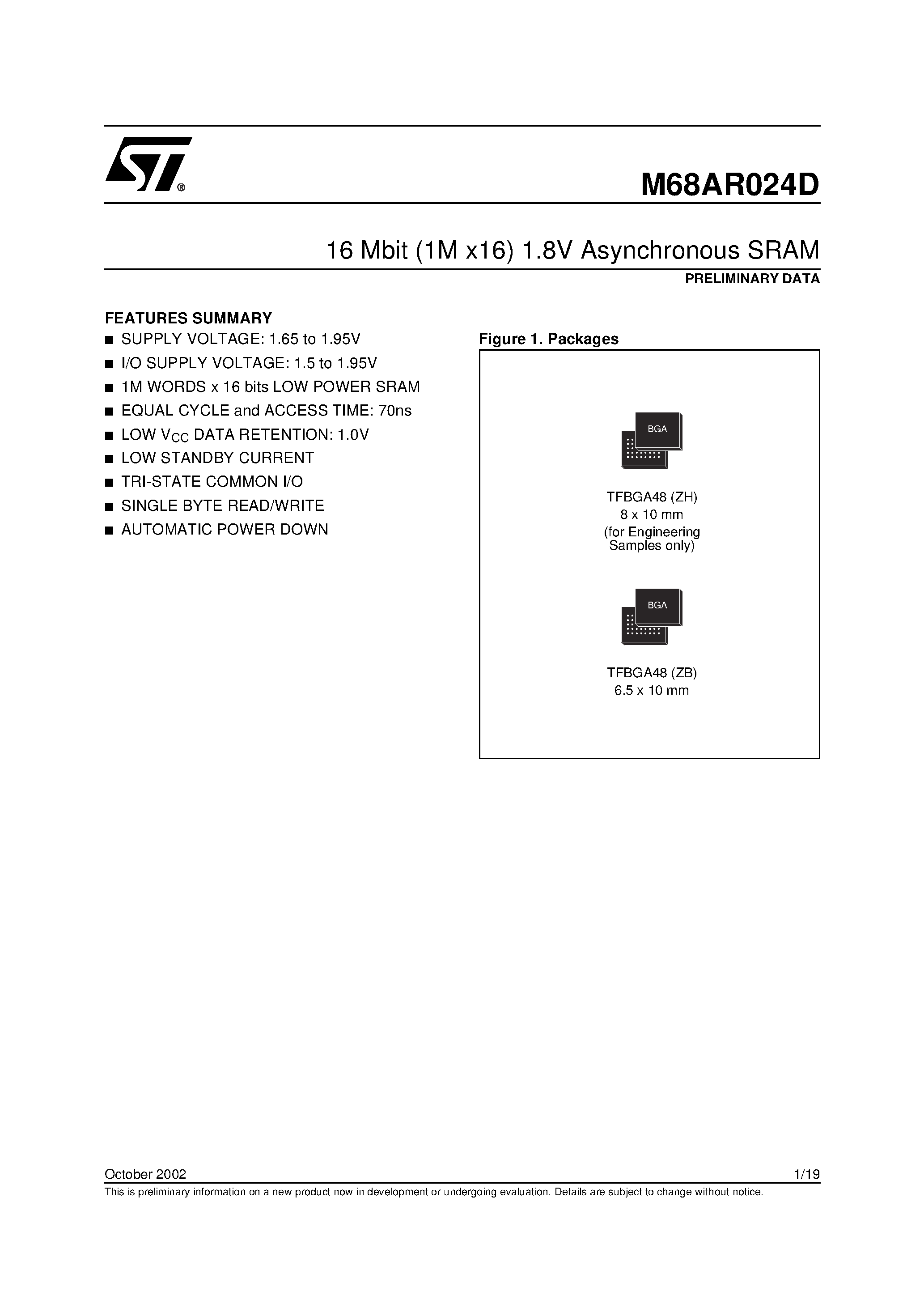 Datasheet M68AR024D - 16 Mbit 1M x16 1.8V Asynchronous SRAM page 1