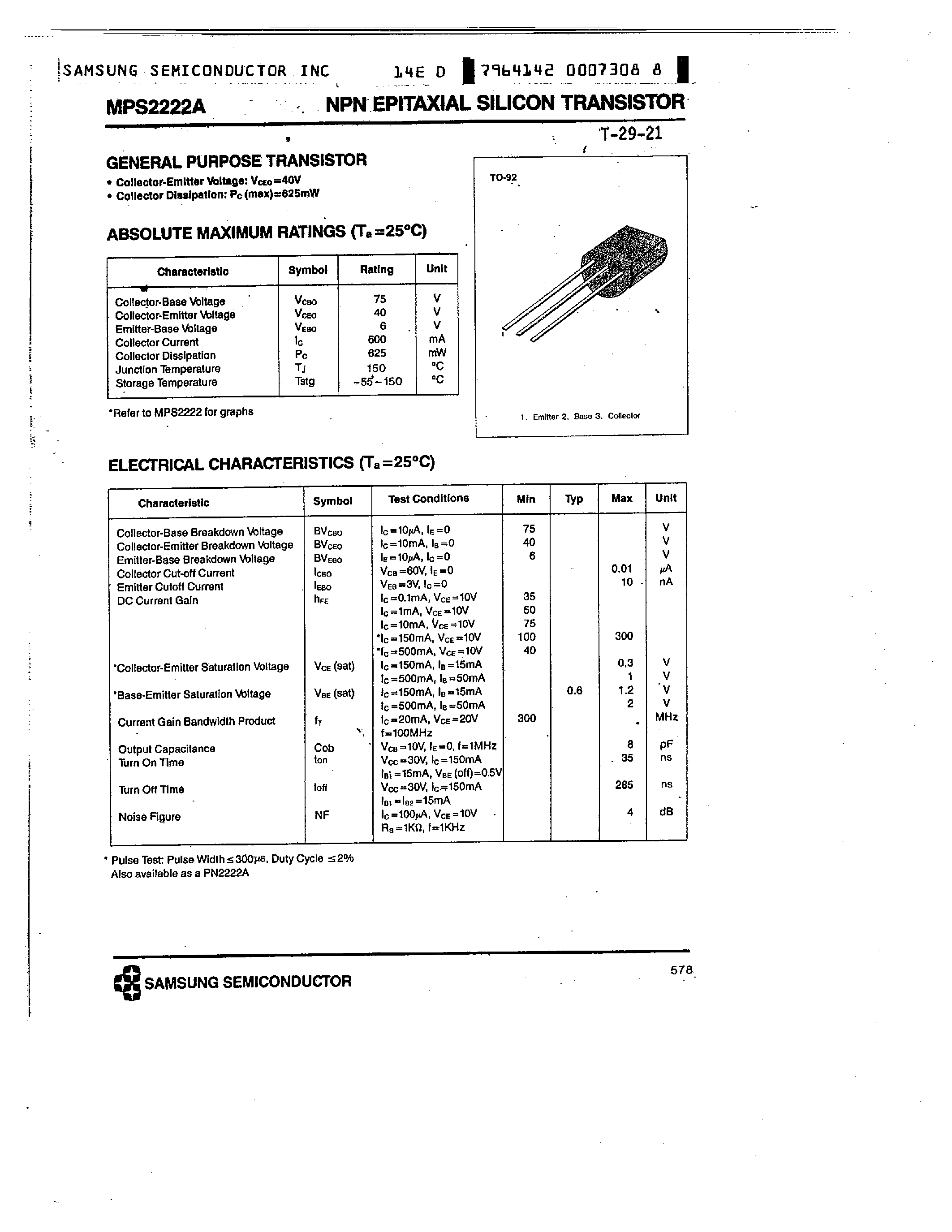 Datasheet MPS2222A - NPN EPITAXIAL SILICON TRANSISTOR(GENERAL PURPOSE TRANSISTOR) page 1