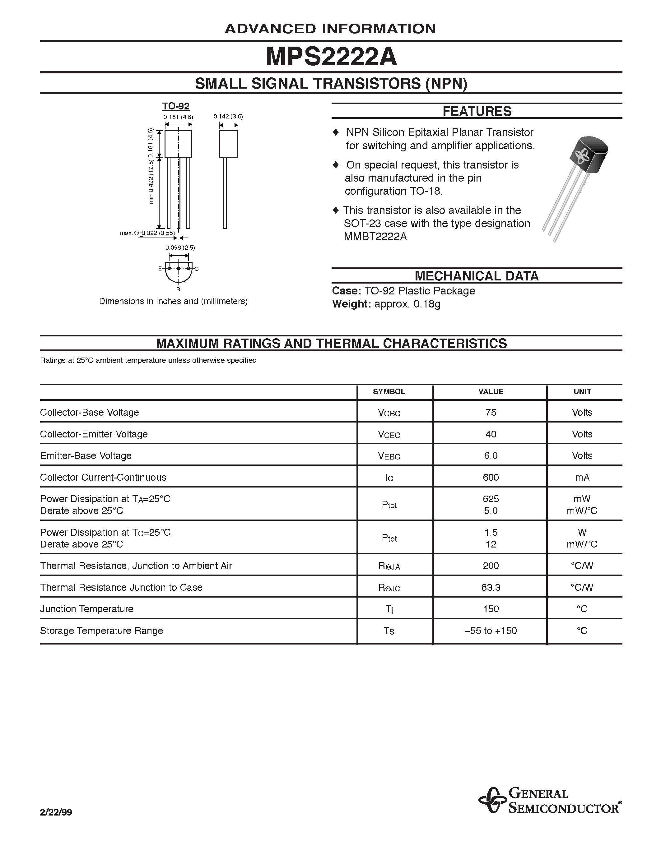 Datasheet MPS2222A page 1 Datasheet MPS2222A - SMALL SIGNAL TRANSISTORS (NPN) page 1