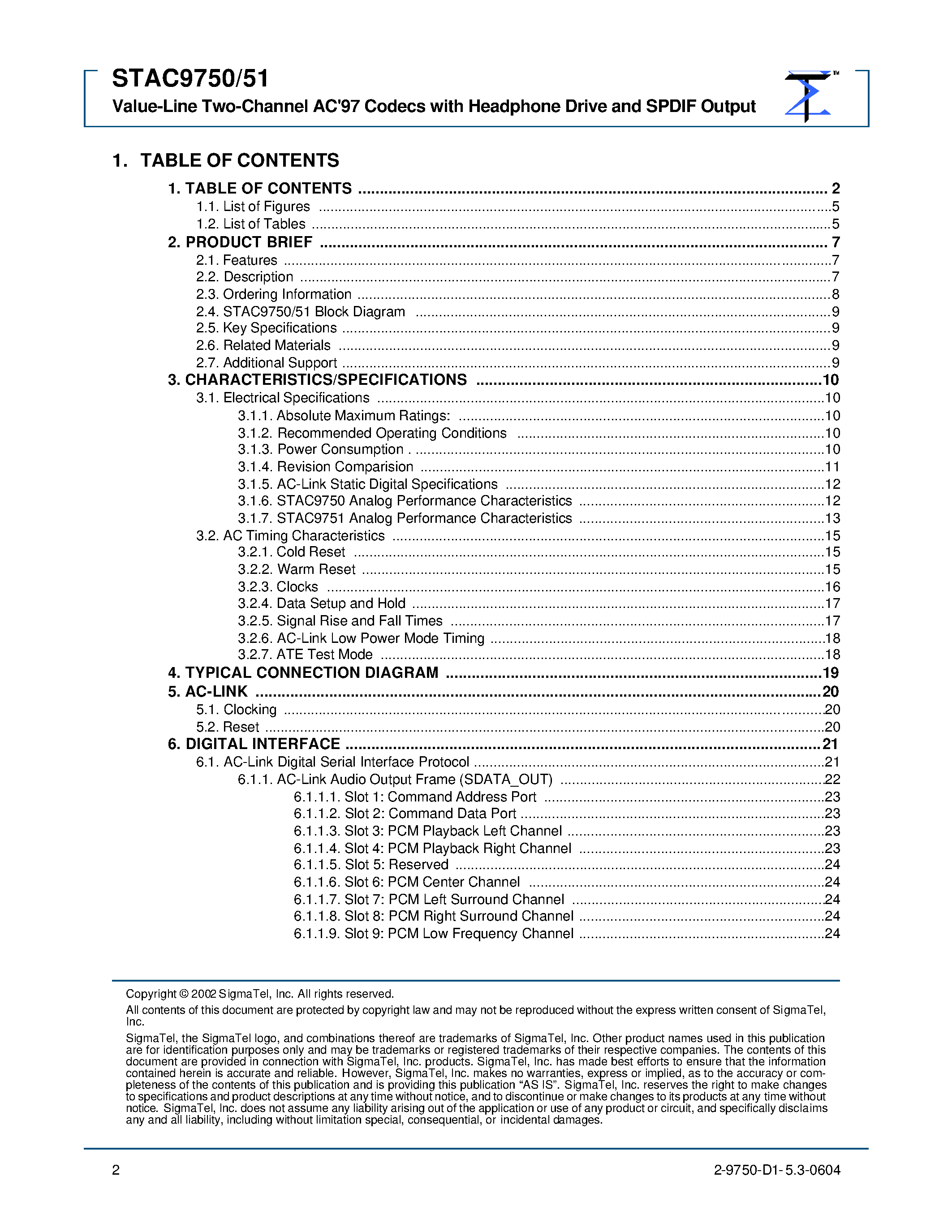 Datasheet STAC975x - Value Line Two Channel AC97 Codecs with Headphone Drive and SPDIF Output page 2