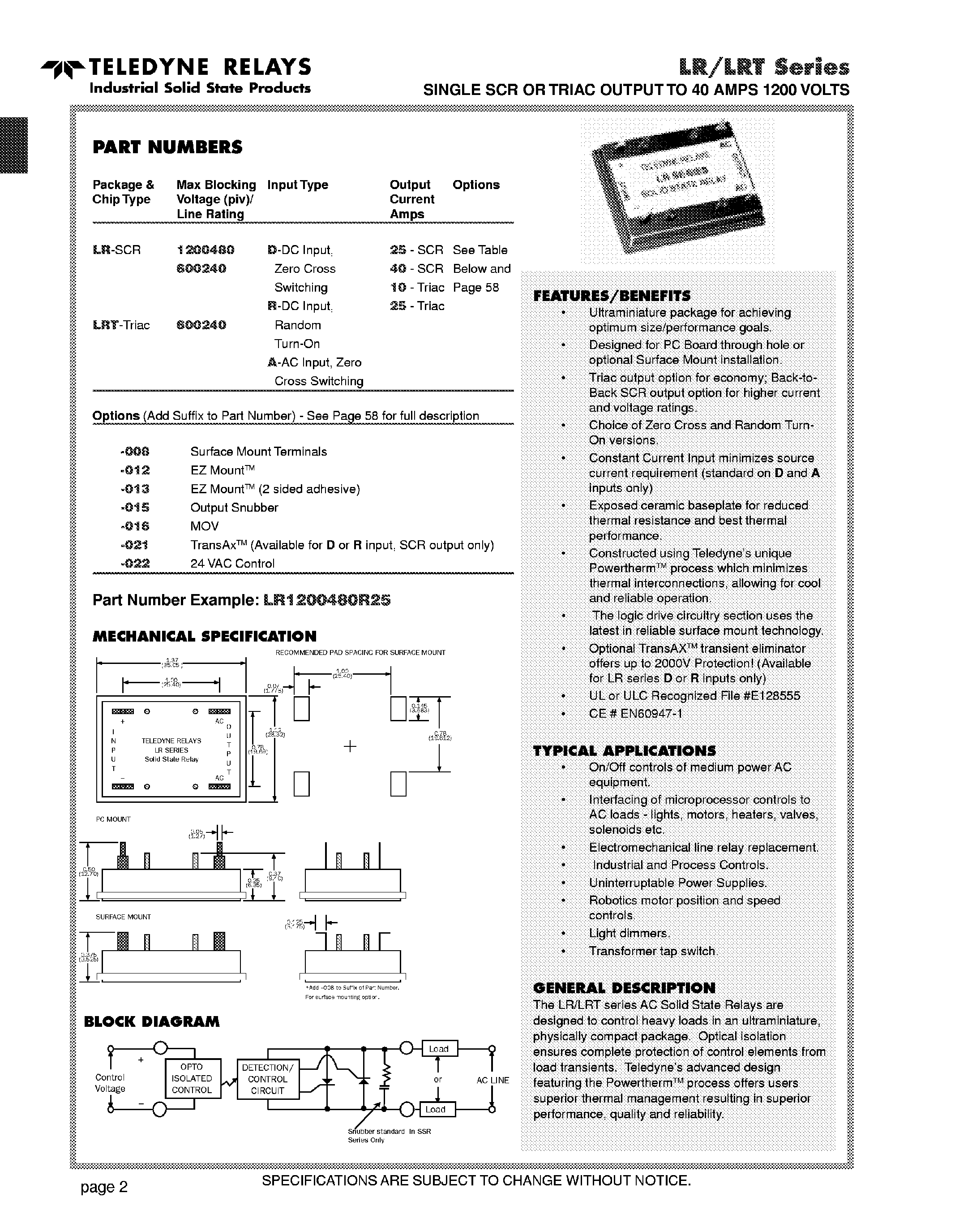 Datasheet LR1200xxx - Single SCR or Triac Output to 40 Amps 1200 Volts page 1
