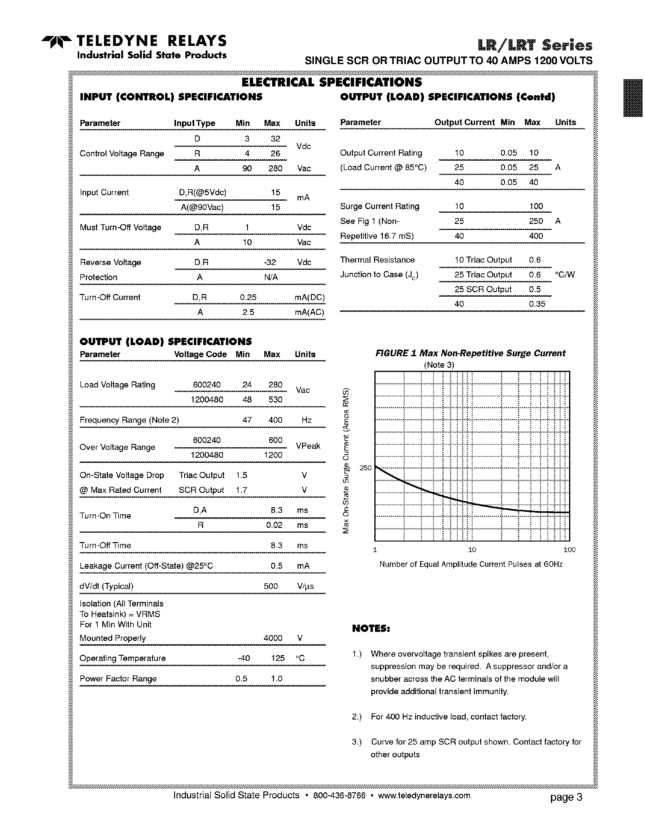 Datasheet LR1200xxx - Single SCR or Triac Output to 40 Amps 1200 Volts page 2