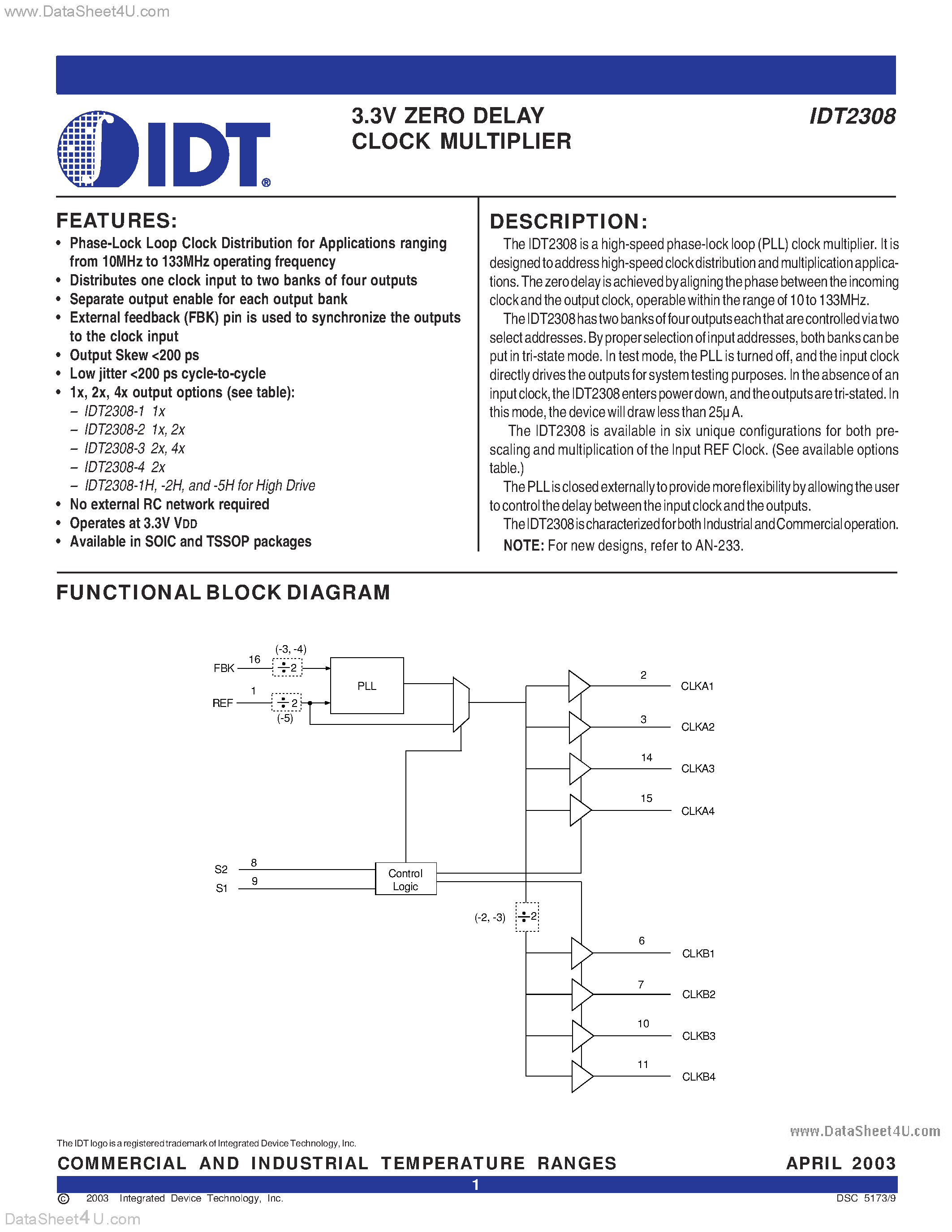 Даташит IDT2308-4DC - 3.3V ZERO DELAY CLOCK MULTIPLIER страница 1