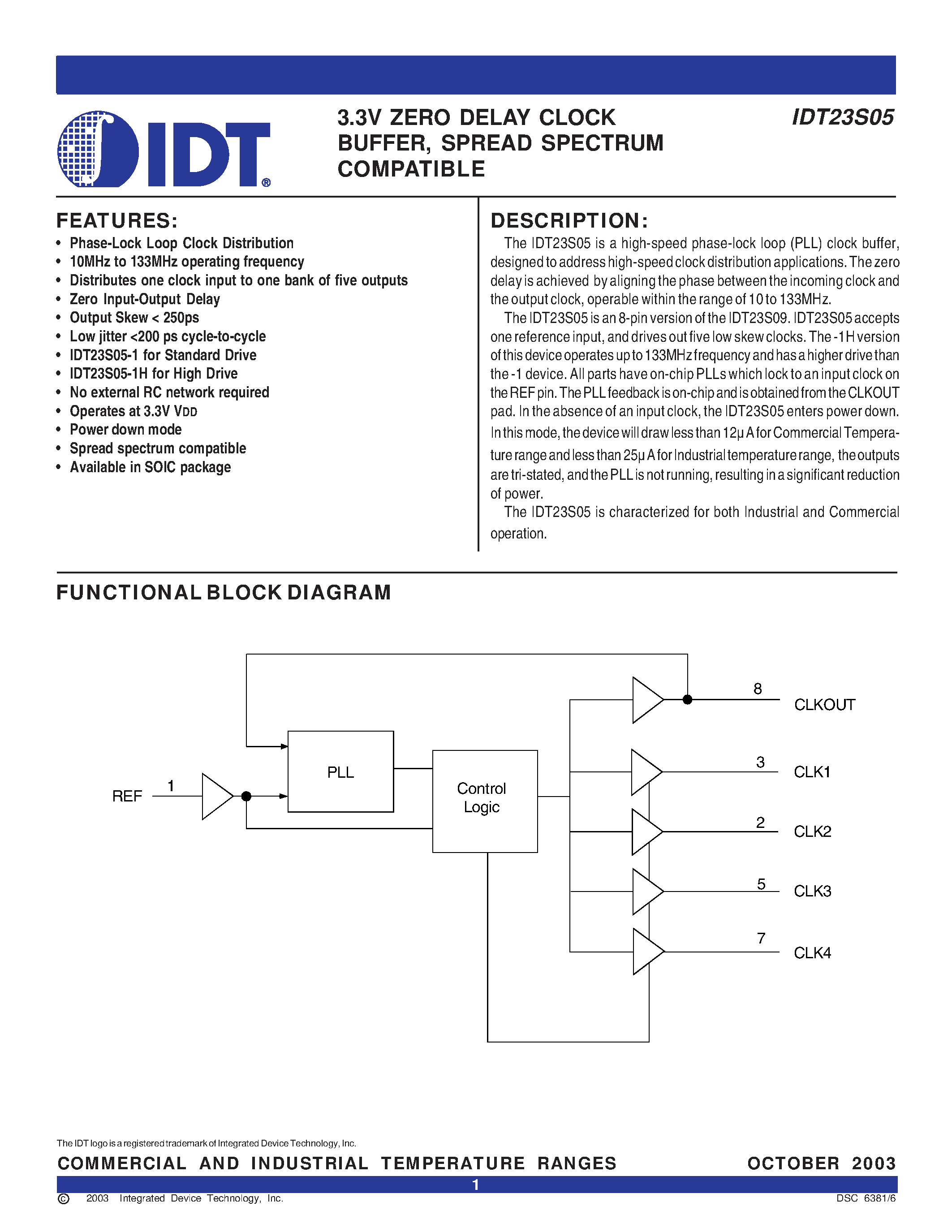 Datasheet IDT23S05-1HDCI - 3.3V ZERO DELAY CLOCK BUFFER / SPREAD SPECTRUM COMPATIBLE page 1