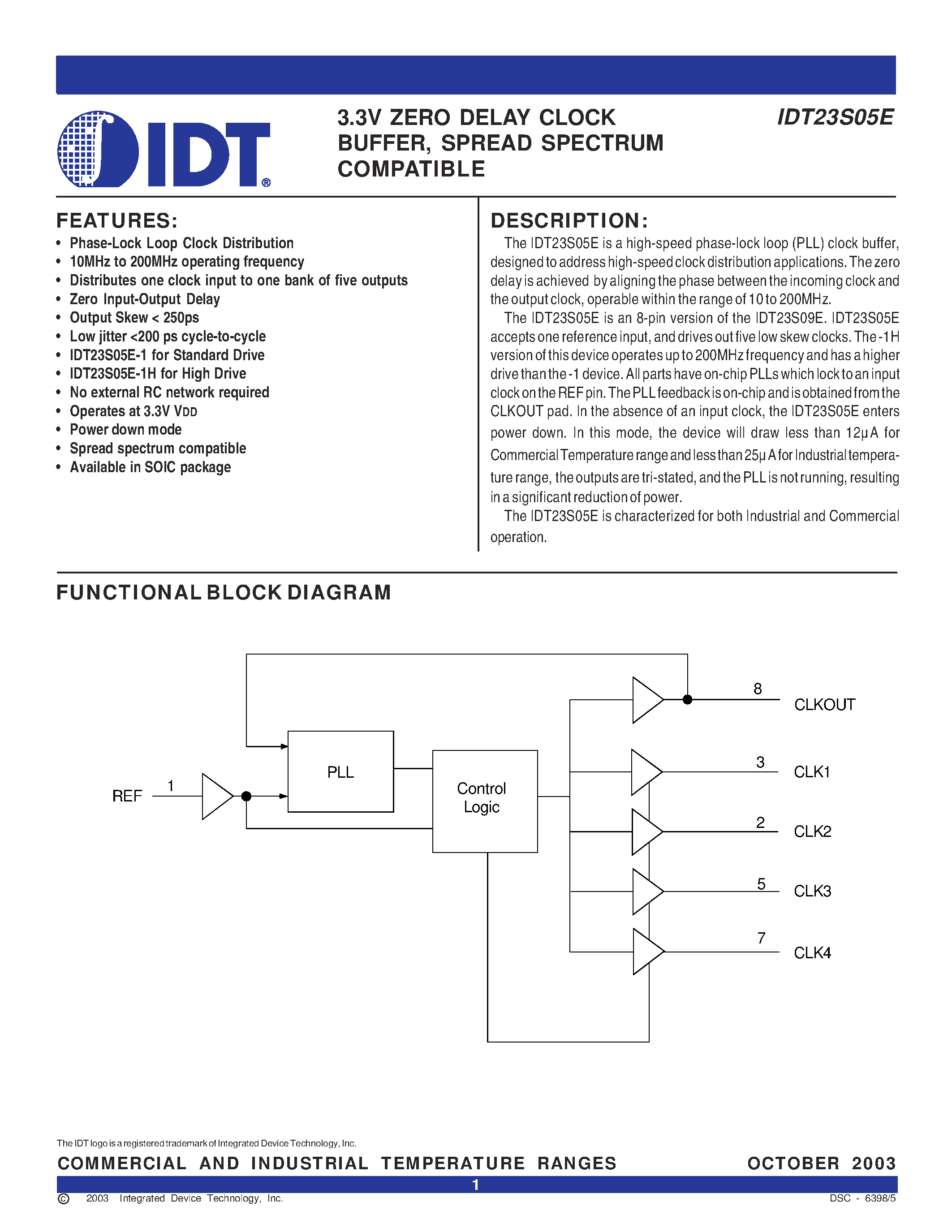 Даташит IDT23S05E - 3.3V ZERO DELAY CLOCK BUFFER / SPREAD SPECTRUM COMPATIBLE страница 1