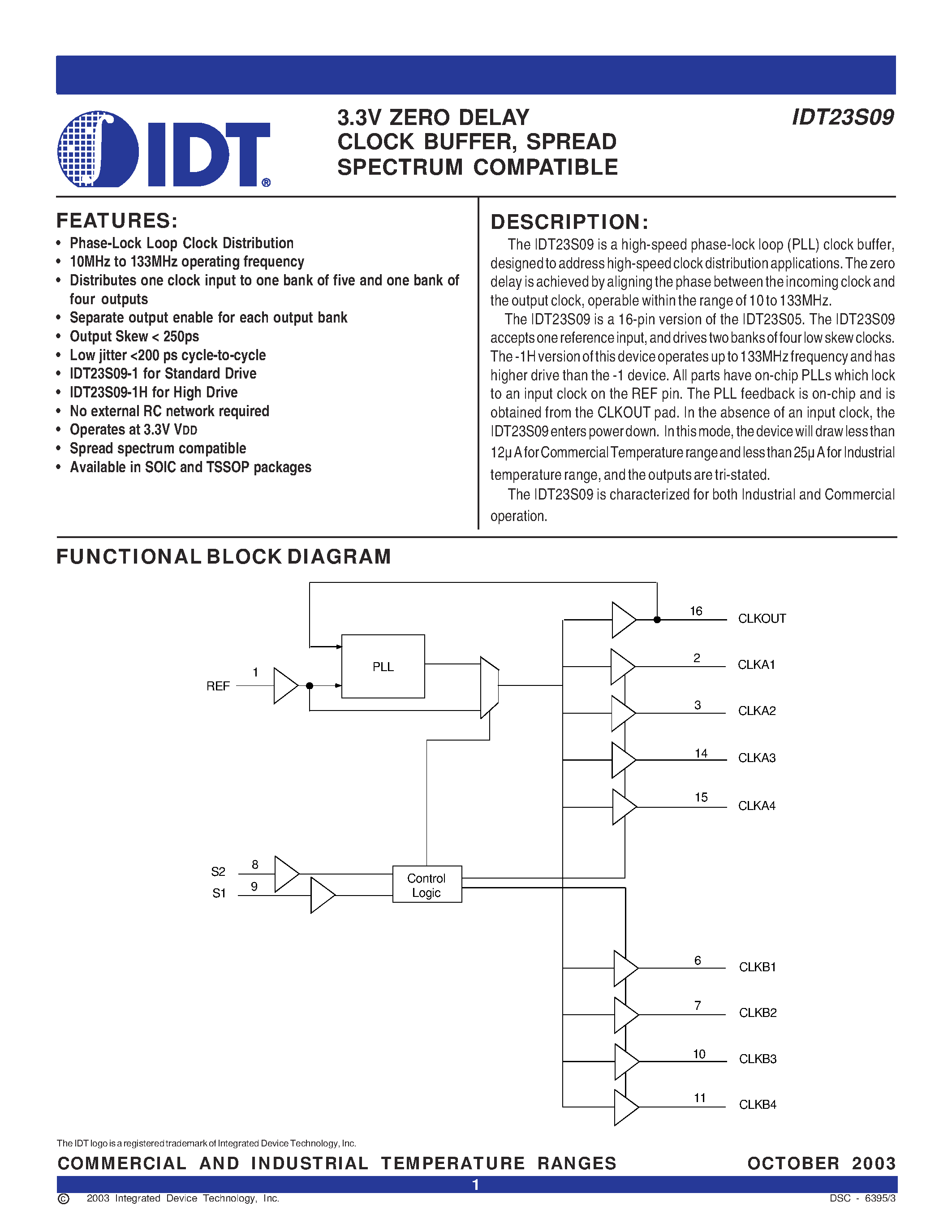 Datasheet IDT23S09-1PG - IDT23S09 3.3V ZERO DELAY CLOCK BUFFER / SPREAD SPECTRUM COMPATIBLE page 1