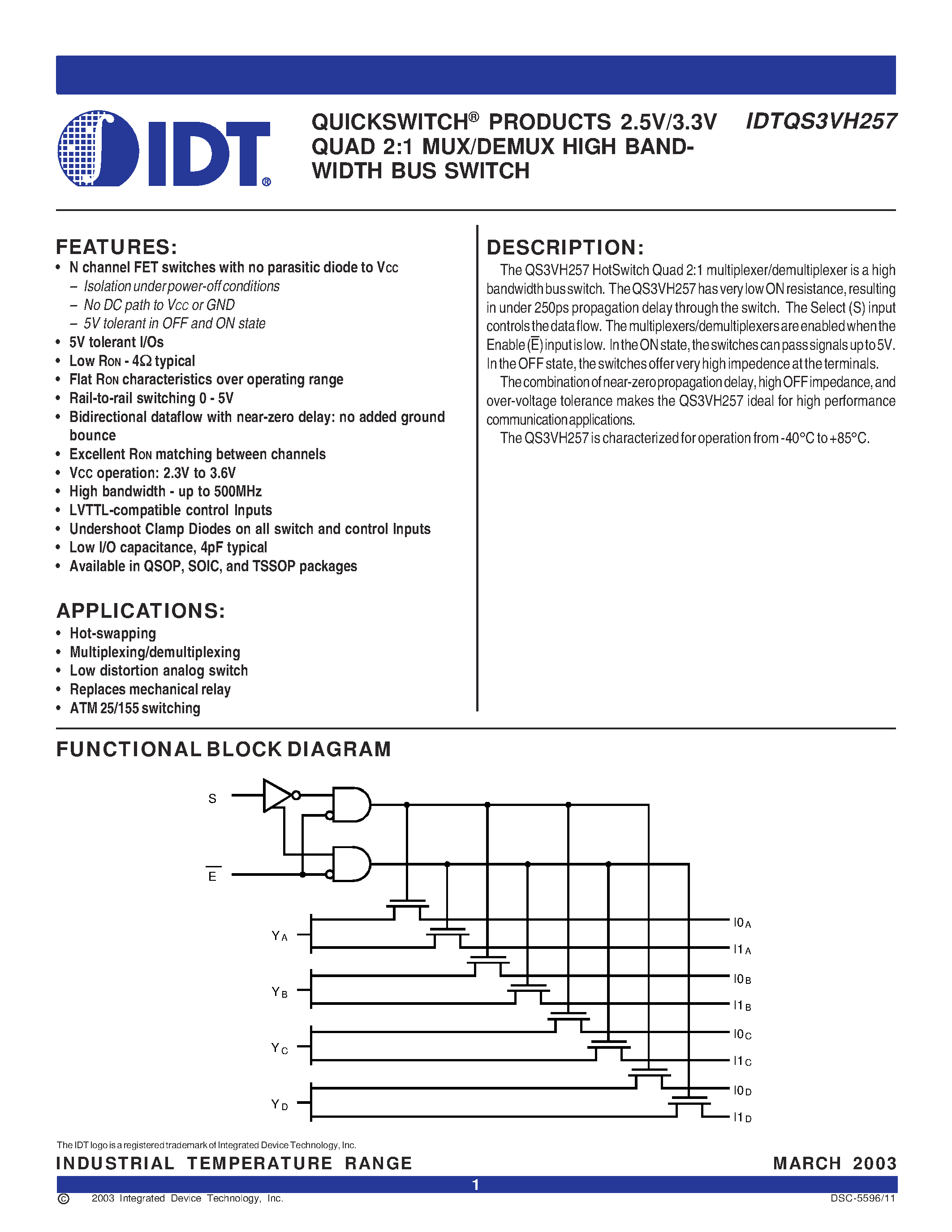 Datasheet IDT3VH257PA - QUICKSWITCH PRODUCTS 2.5V/3.3V QUAD 2:1 MUX/DEMUX HIGH BAND WIDTH BUS SWITCH page 1