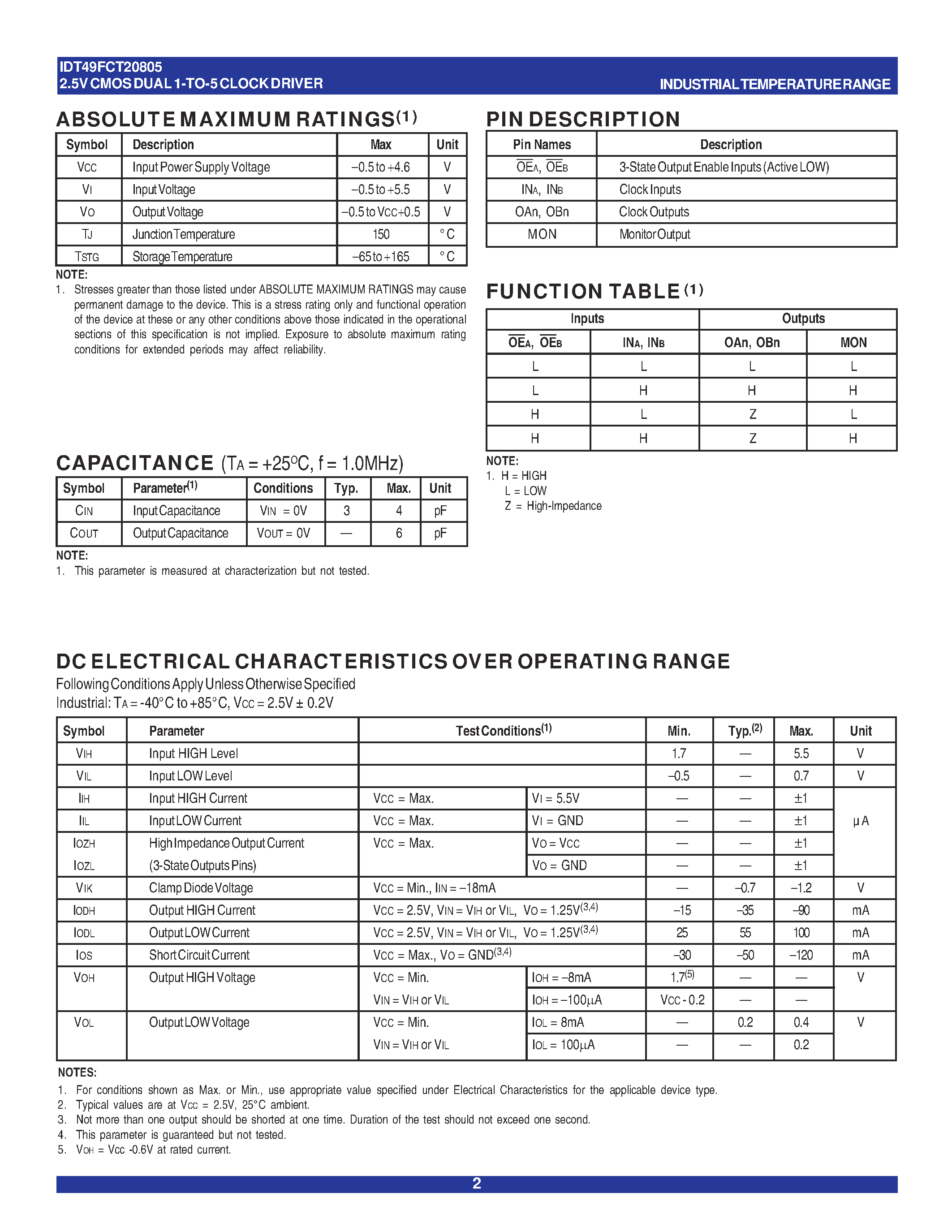 Datasheet IDT49FCT20805QI page 2 Datasheet IDT49FCT20805QI - 2.5V CMOS DUAL 1-TO-5 CLOCK DRIVER page 2