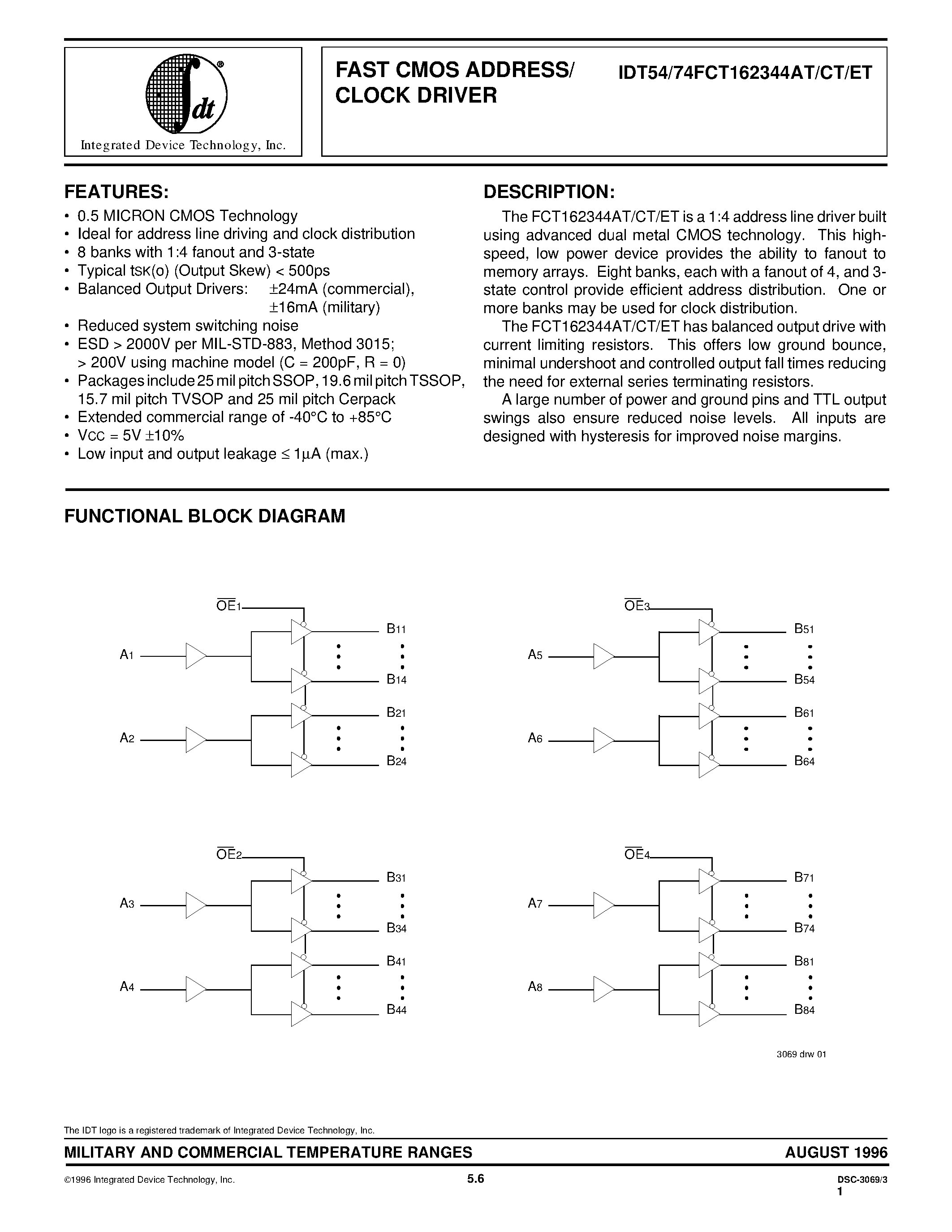 Datasheet IDT54FCT162344AT page 1 Datasheet IDT54FCT162344AT - FAST CMOS ADDRESS/ CLOCK DRIVER page 1