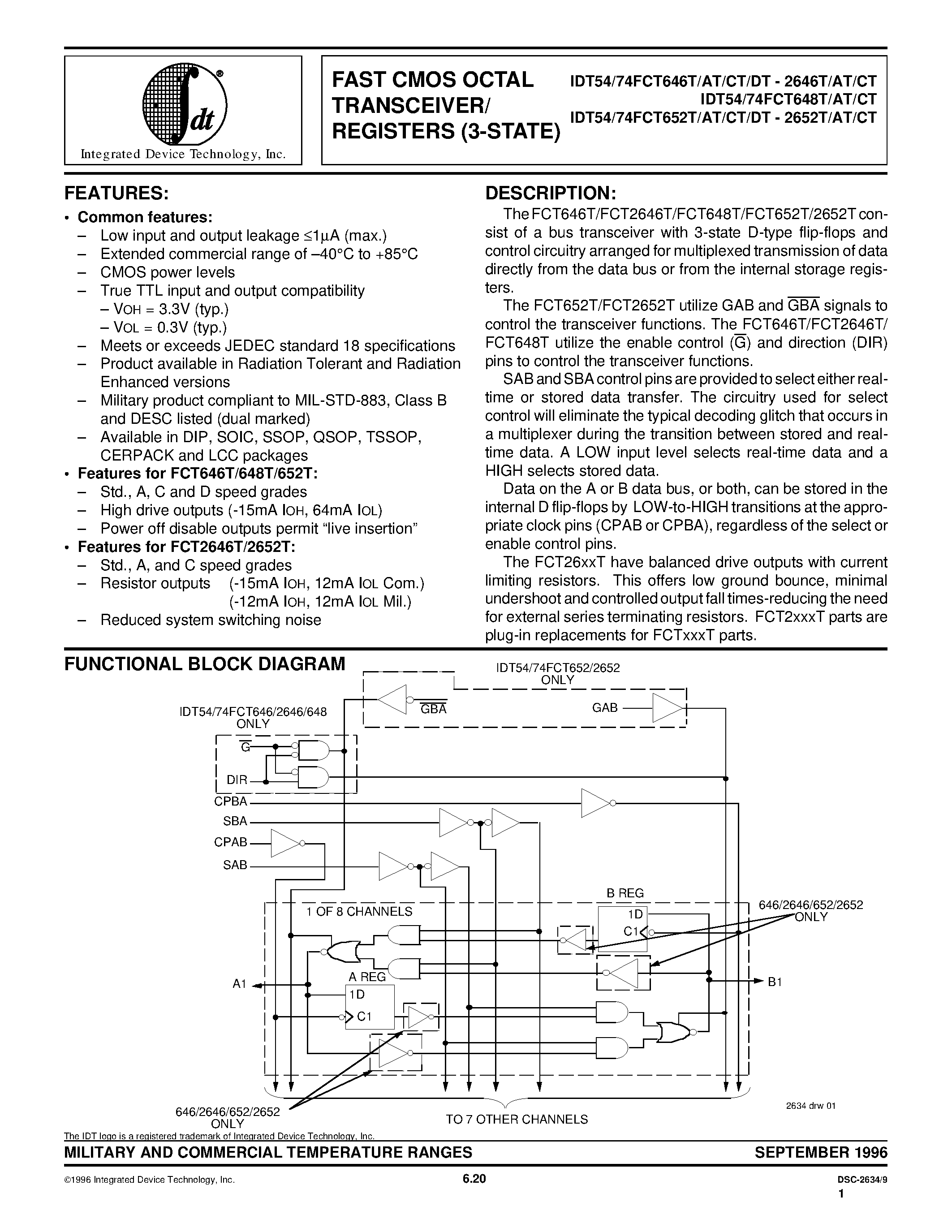 Datasheet IDT54FCT646DT - FAST CMOS OCTAL TRANSCEIVER/ REGISTERS (3-STATE) page 1