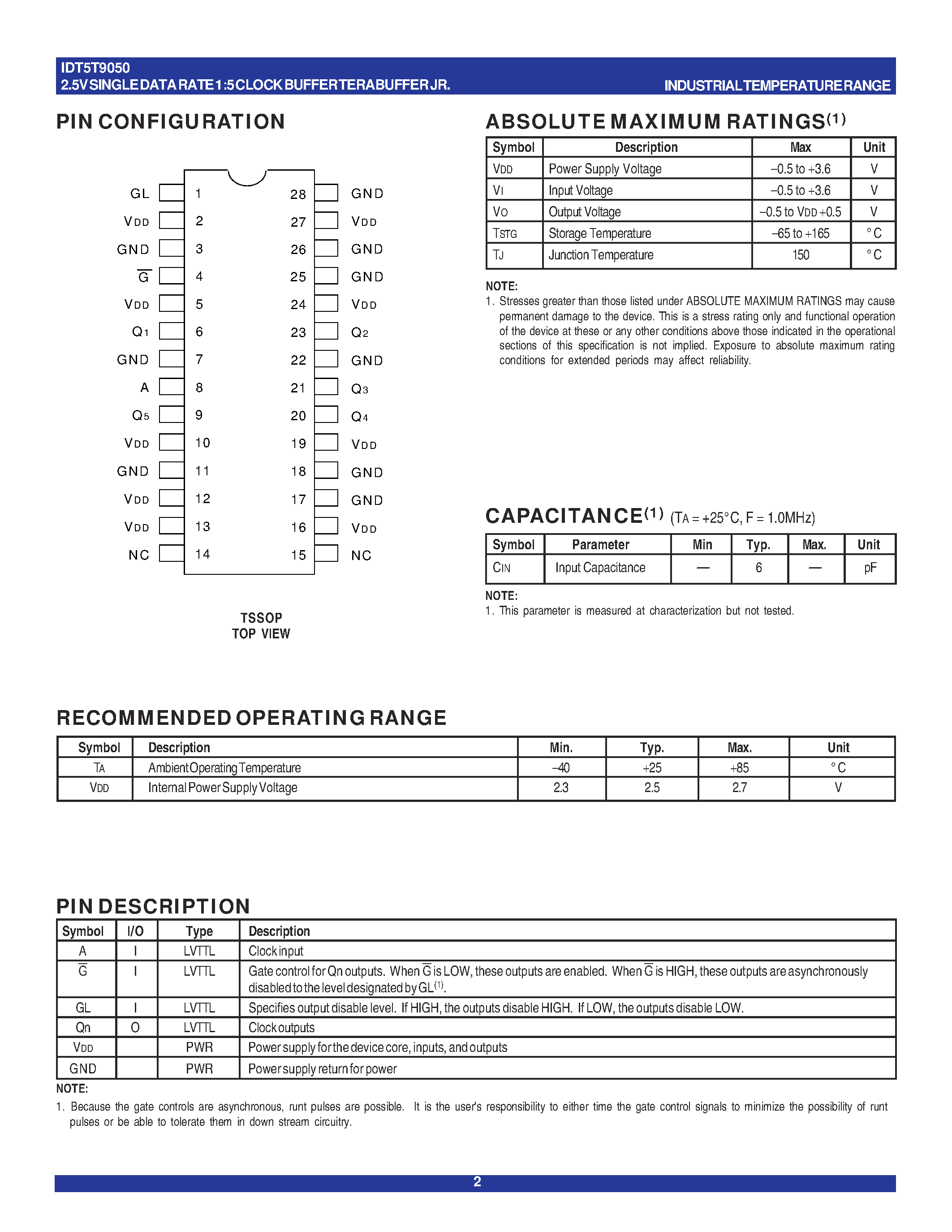 Datasheet IDT5T9050 - 2.5V SINGLE DATA RATE 1:5 CLOCK BUFFER TERABUFFER JR page 2