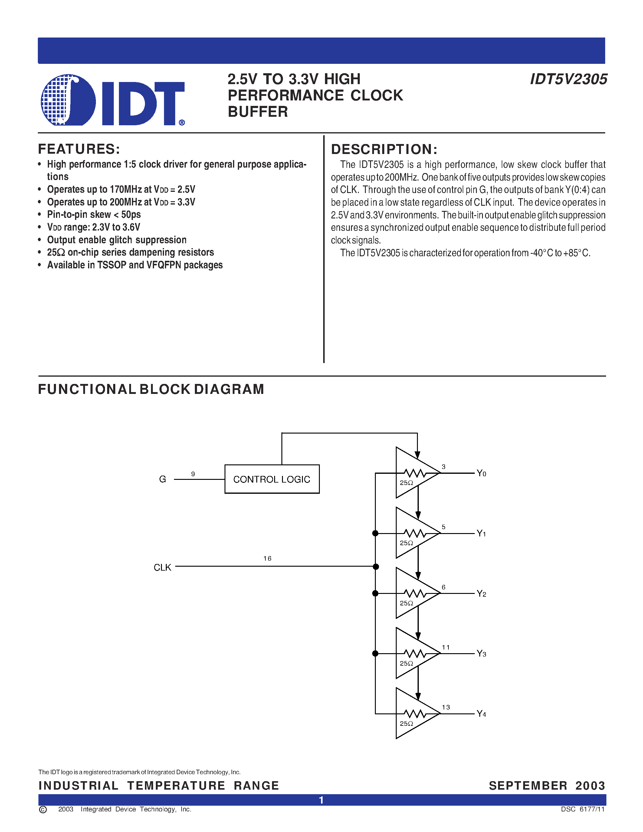 Datasheet IDT5V2305PGI - 2.5V TO 3.3V HIGH PERFORMANCE CLOCK BUFFER page 1