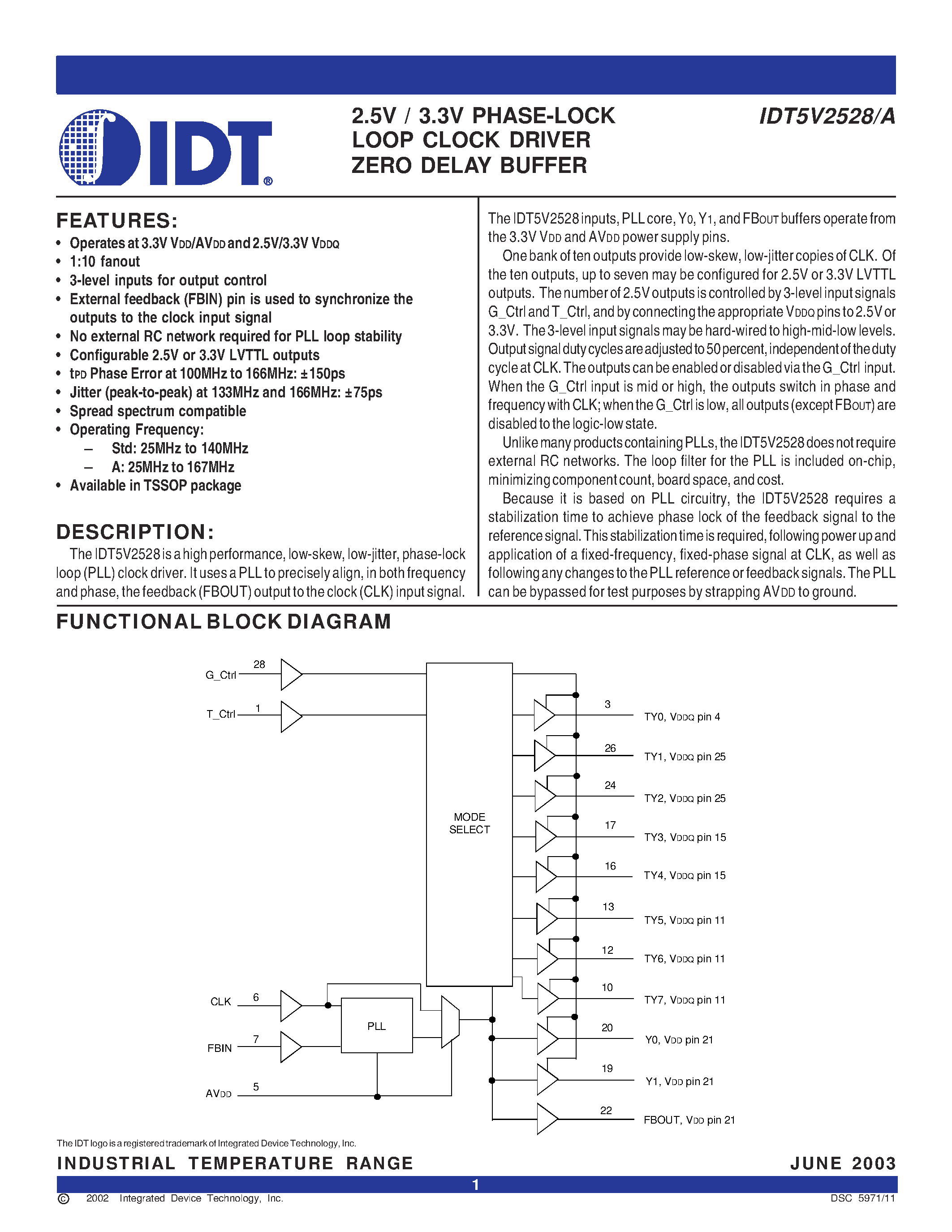 Datasheet IDT5V2528APGG - 2.5V / 3.3V PHASE-LOCK LOOP CLOCK DRIVER ZERO DELAY BUFFER page 1