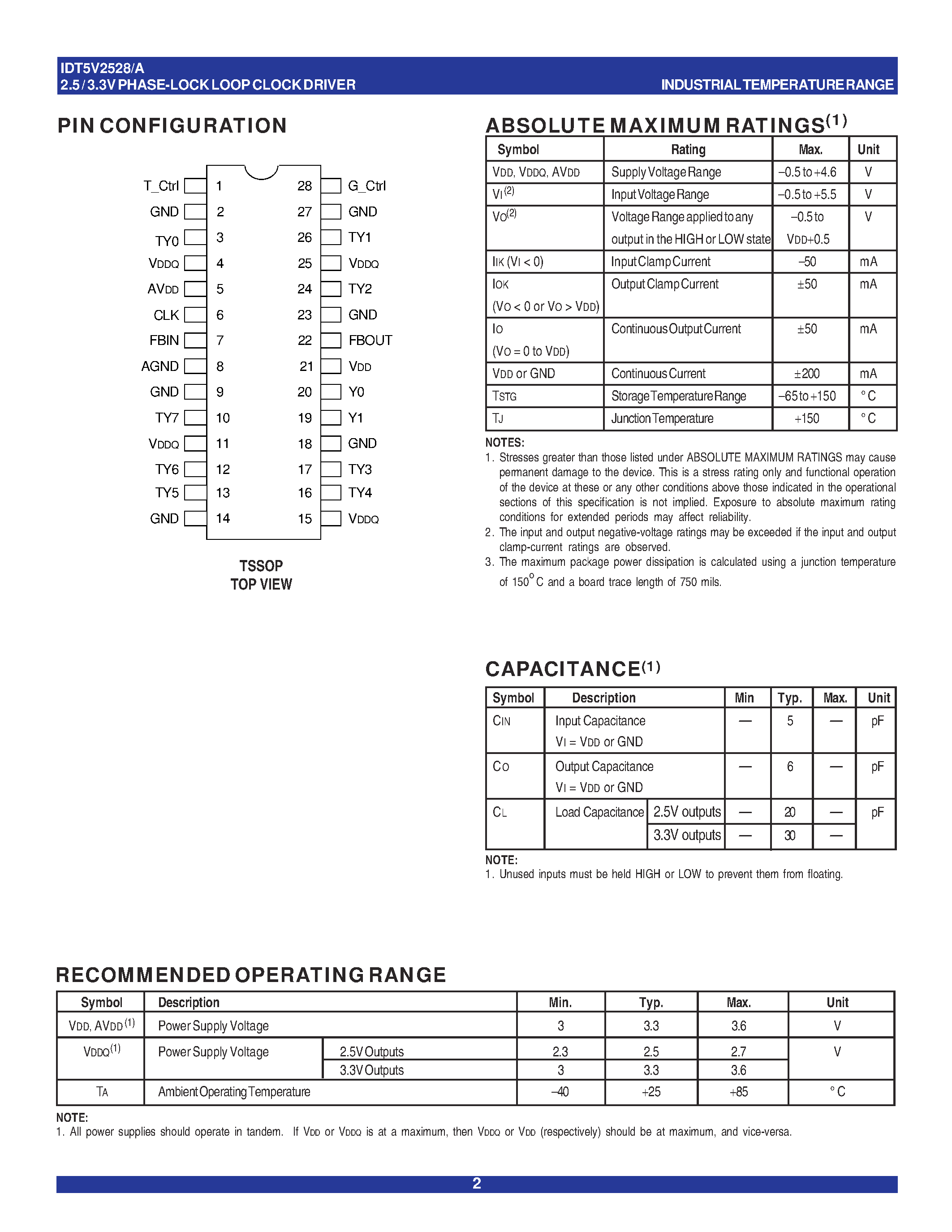 Datasheet IDT5V2528PGG - 2.5V / 3.3V PHASE-LOCK LOOP CLOCK DRIVER ZERO DELAY BUFFER page 2