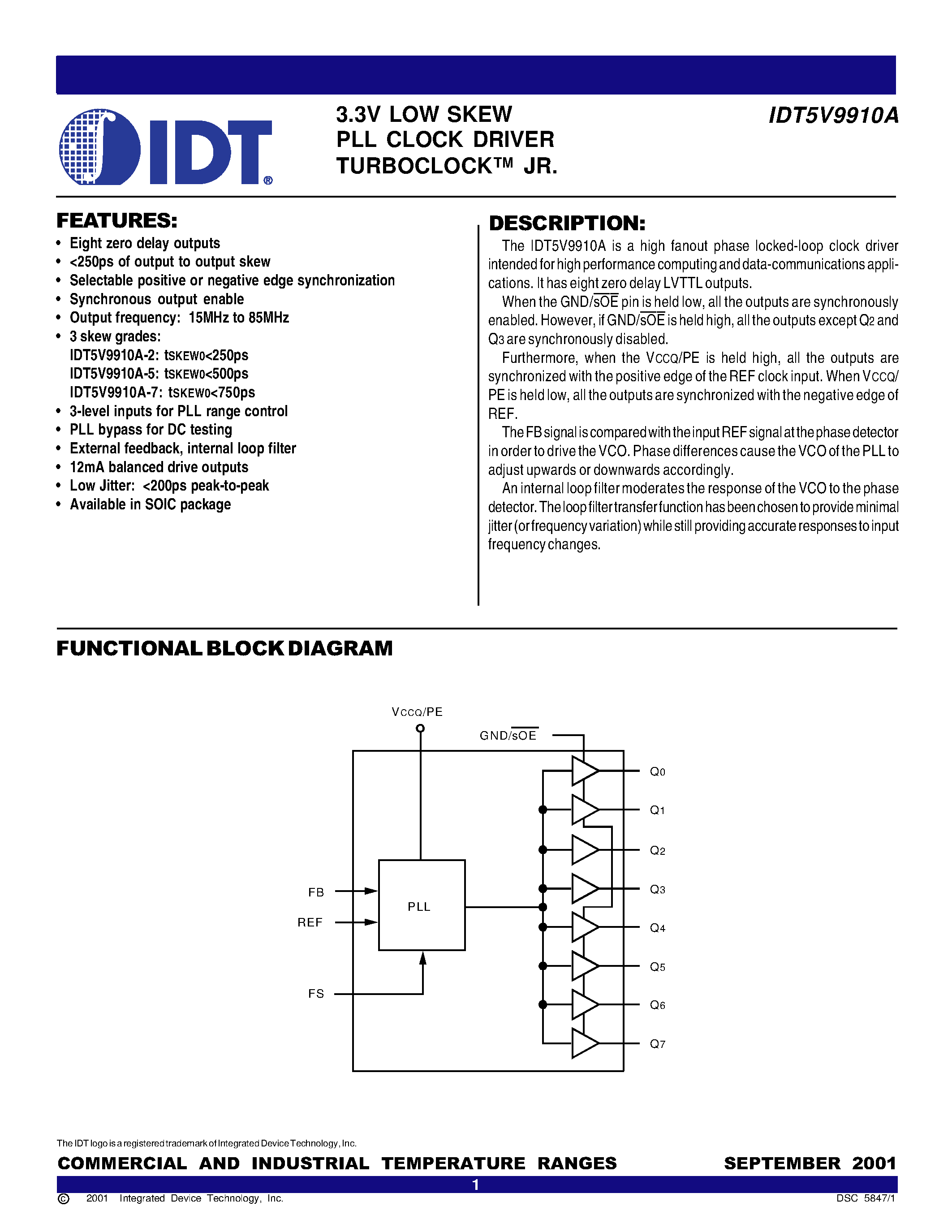 Datasheet IDT5V9910A-2SOI - 3.3V LOW SKEW PLL CLOCK DRIVER TURBOCLOCK JR page 1