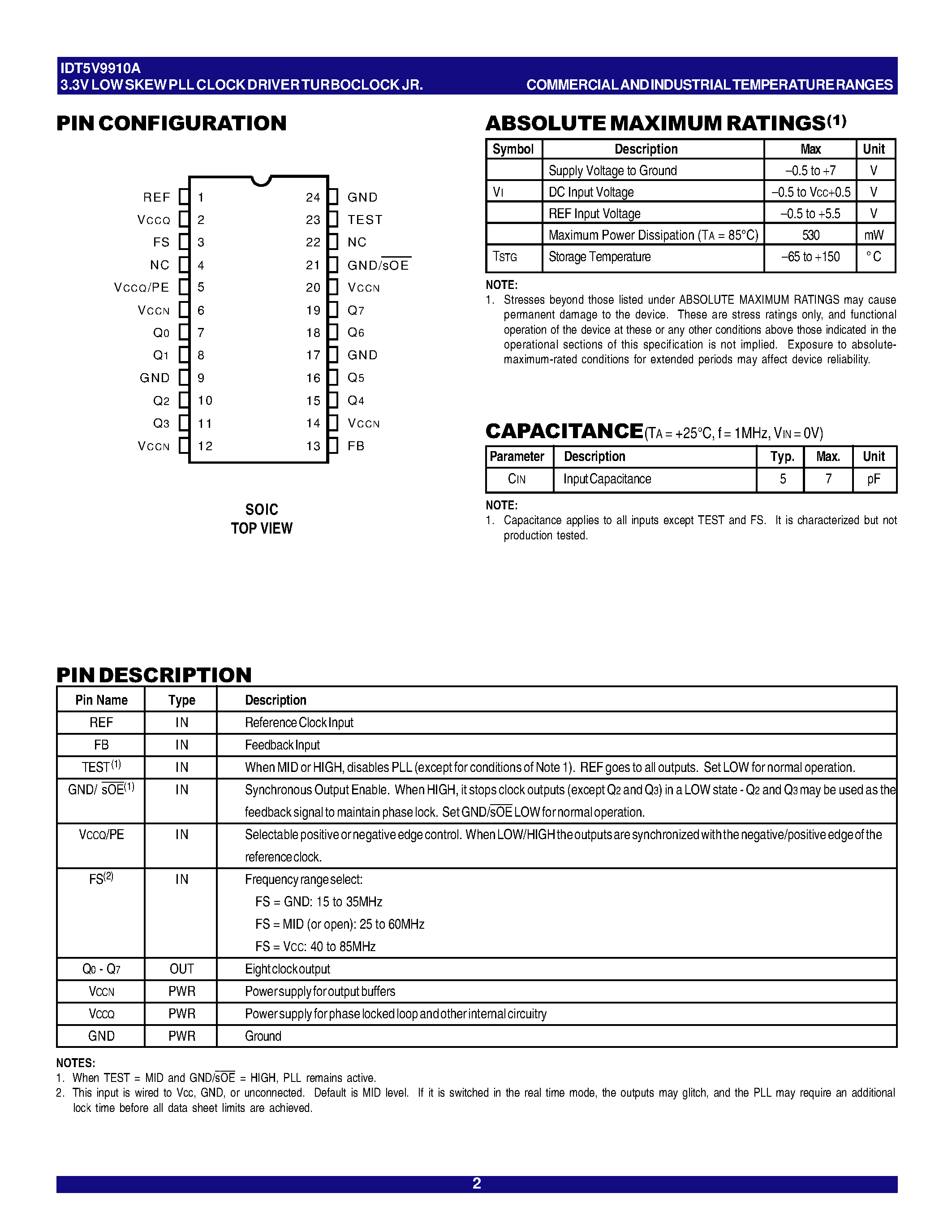 Datasheet IDT5V9910A-2SOI - 3.3V LOW SKEW PLL CLOCK DRIVER TURBOCLOCK JR page 2